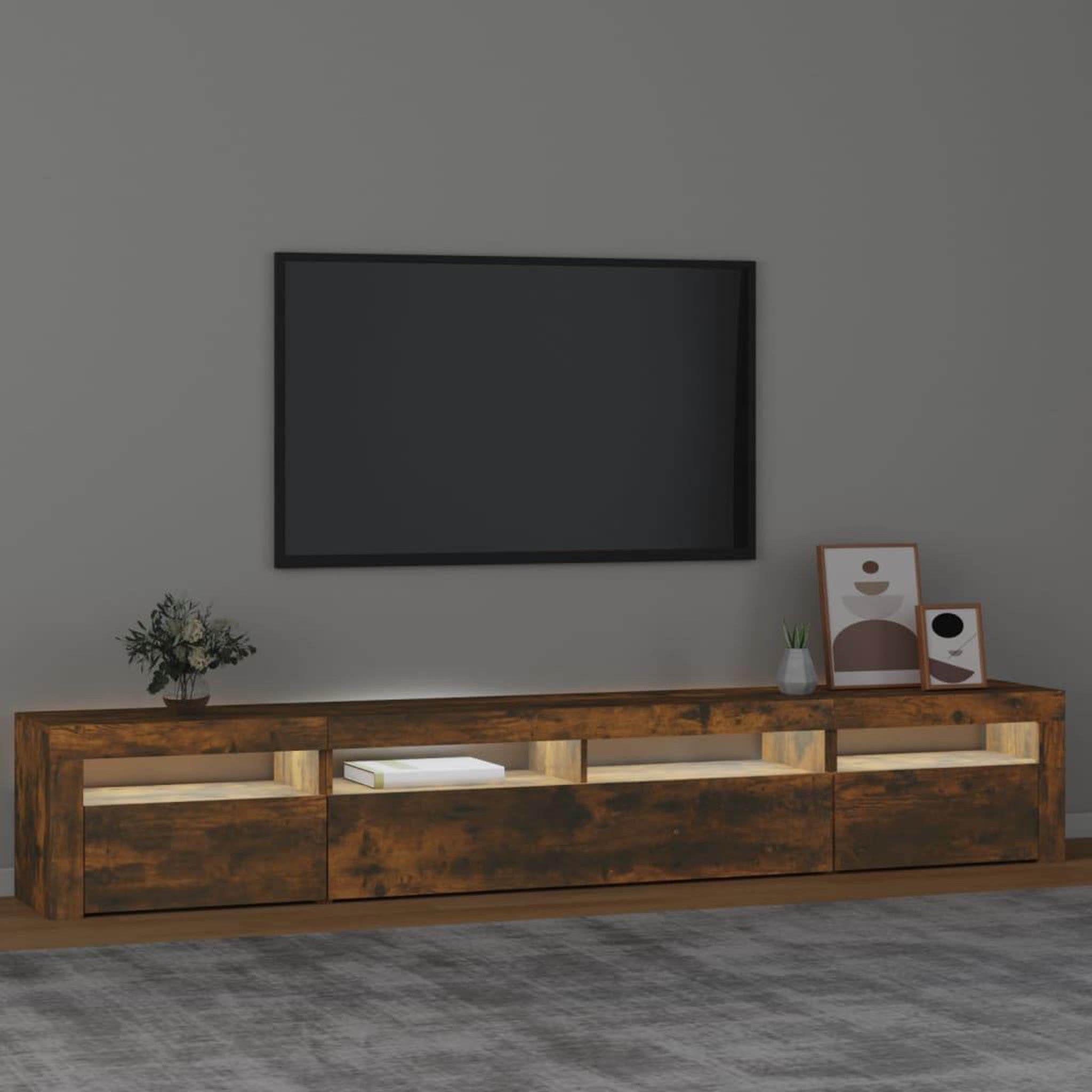 Voir la diapositive 3 : VIDAXL Meuble TV avec lumieres LED Chene fume 240x35x40 cm