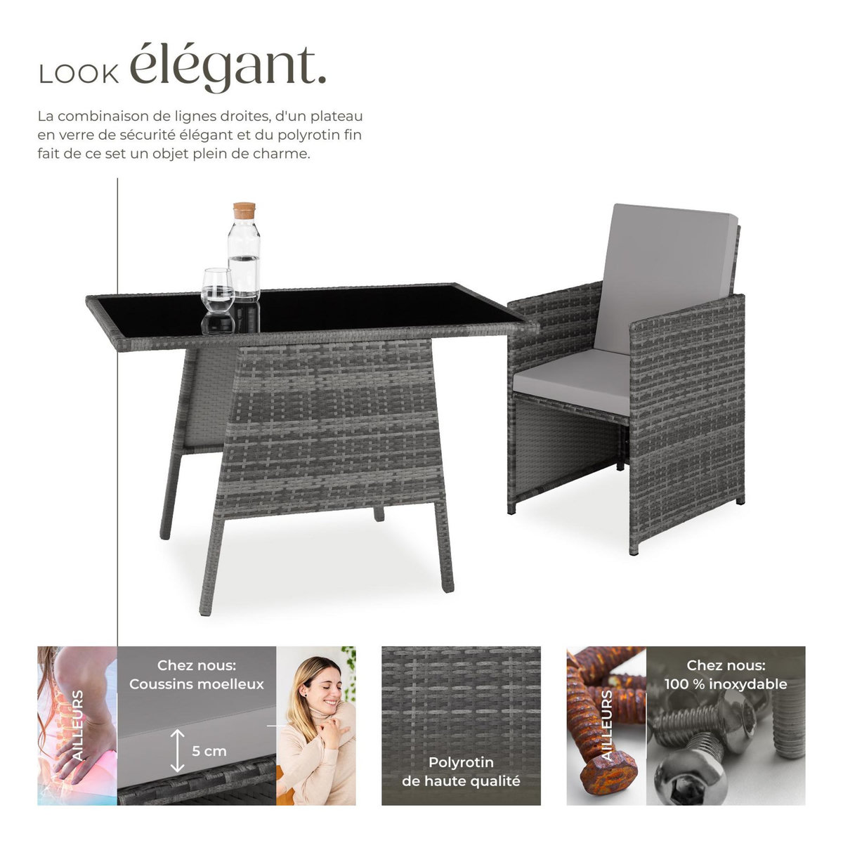 tectake Salon de jardin pour 2 personnes gris