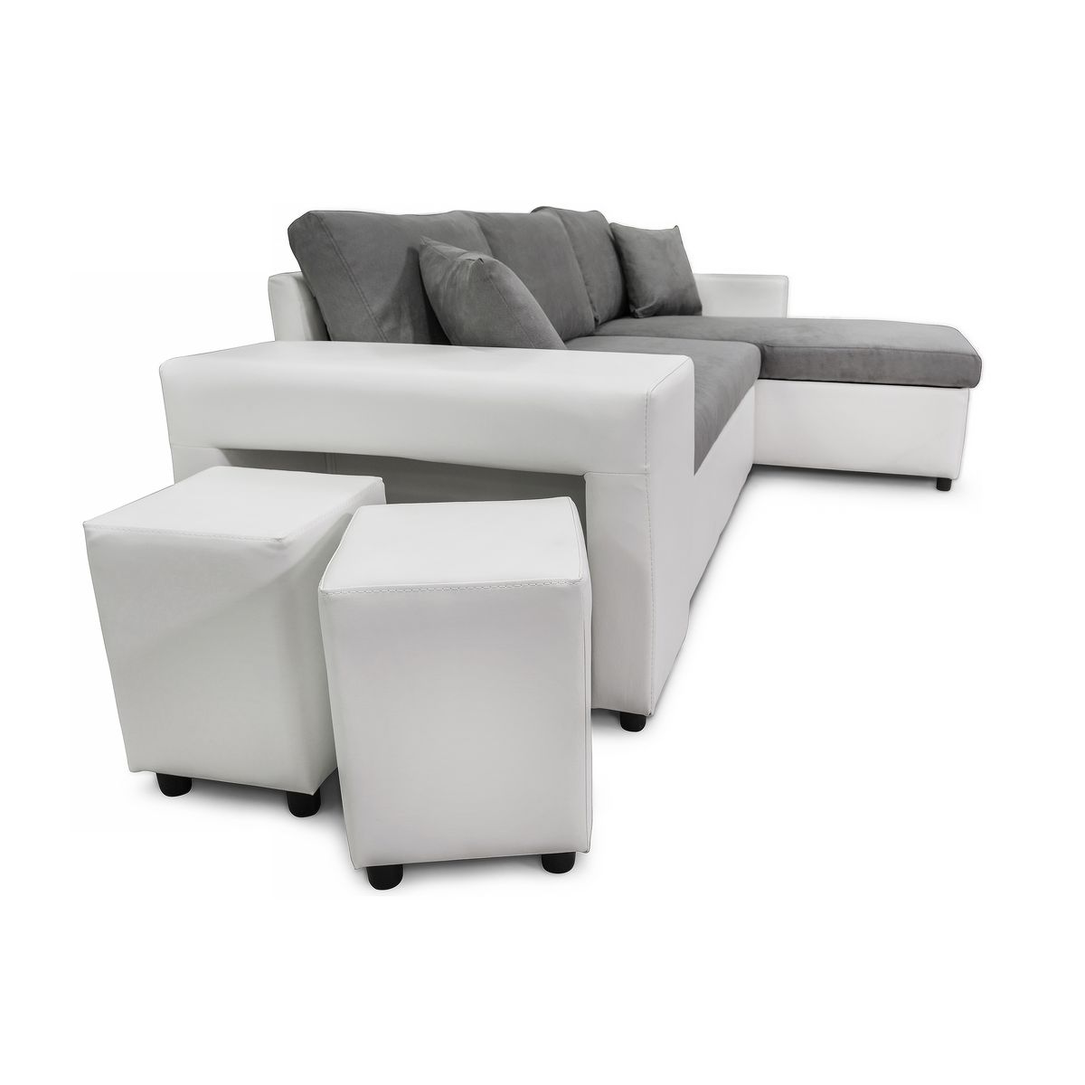 Canapé d'angle convertible avec coffre 3 places + 2 poufs à gauche et étagère à droite  MACHA