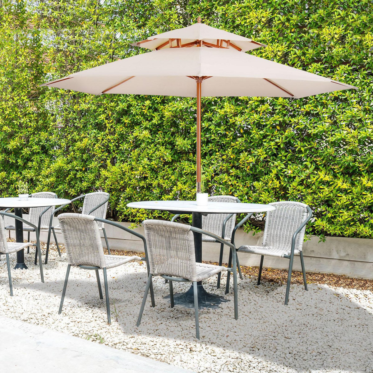 OUTSUNNY Parasol en bois peuplier droit 2 toits polyester 180 g/m² dia. 2,65 x 2,64H m beige
