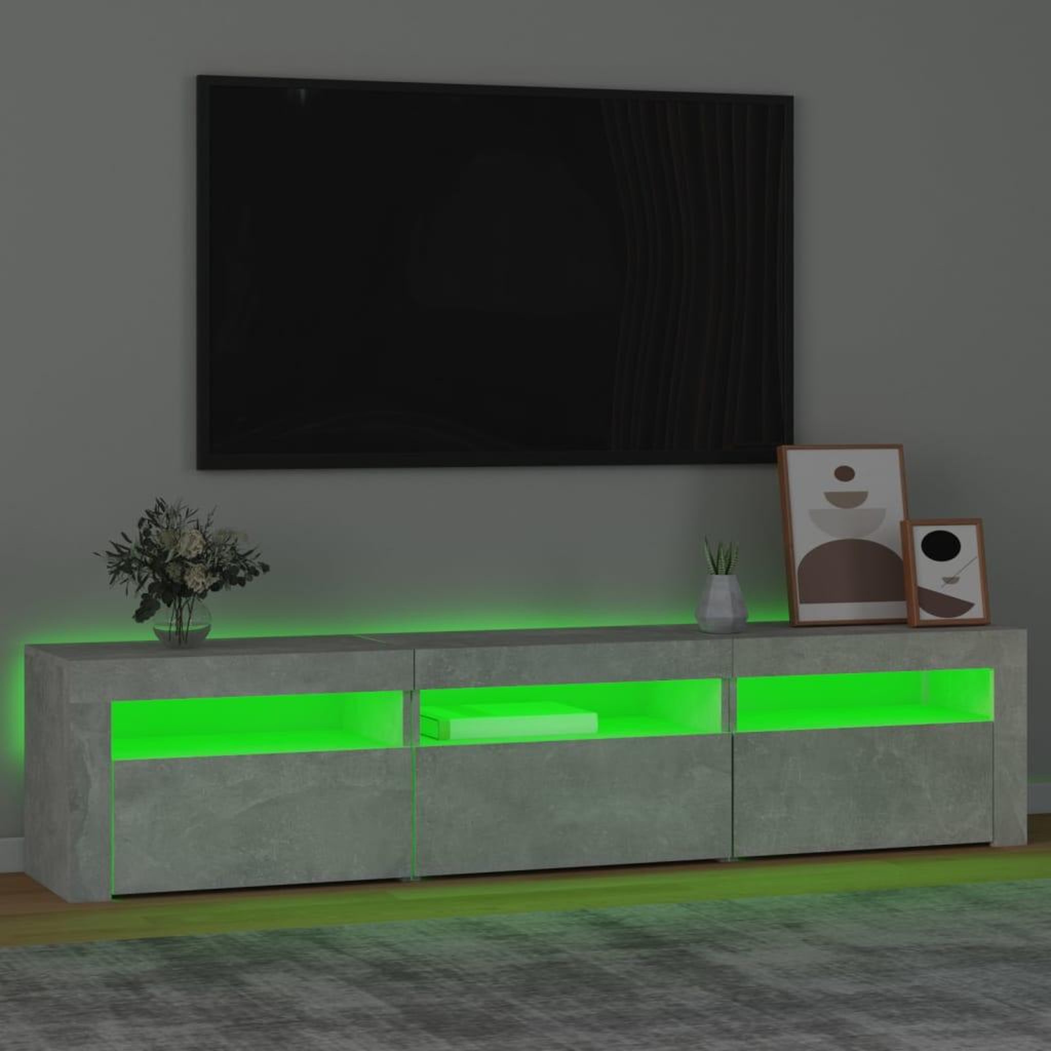Voir la diapositive 4 : VIDAXL Meuble TV avec lumieres LED Gris beton 180x35x40 cm