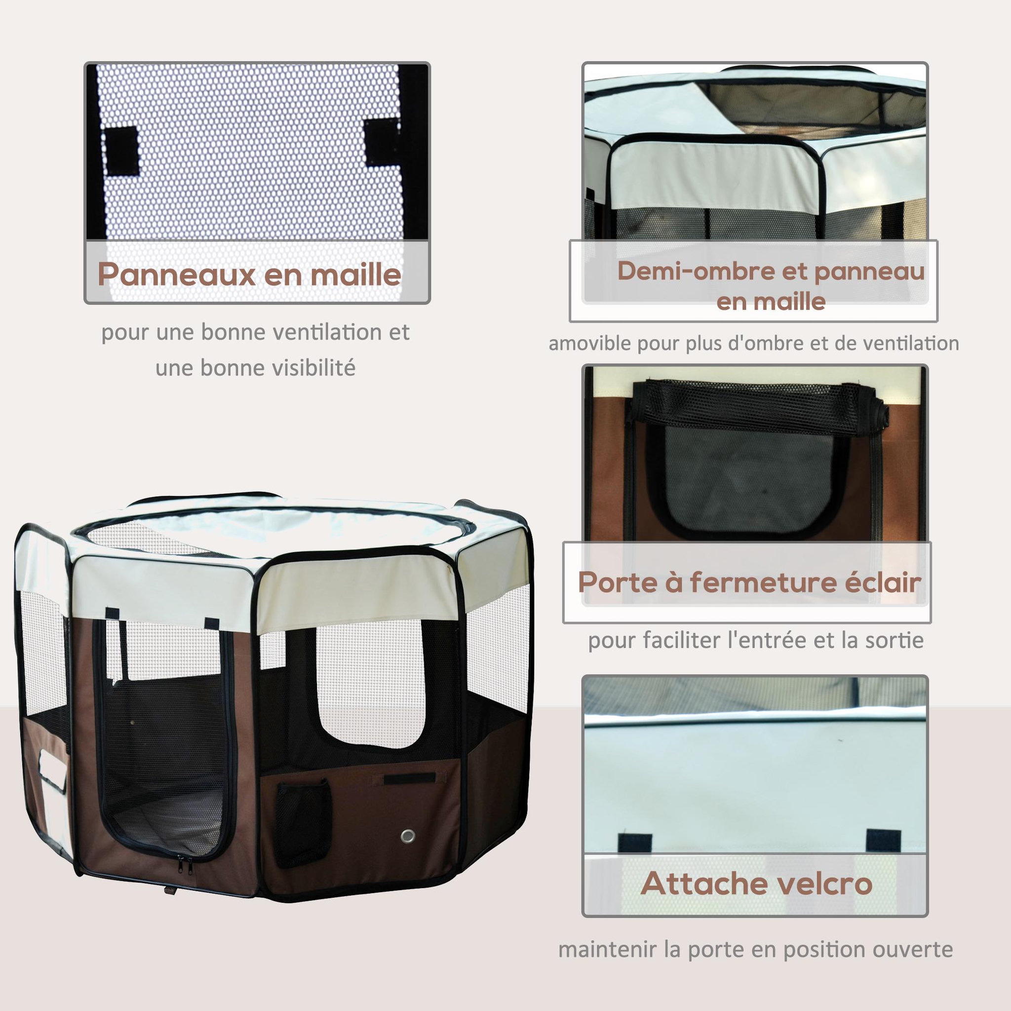 Voir la diapositive 3 : PAWHUT Parc enclos pliable chien chat ø 117 x 76h cm - 2 portes, 2 poches, sac transport - acier oxford marron beige