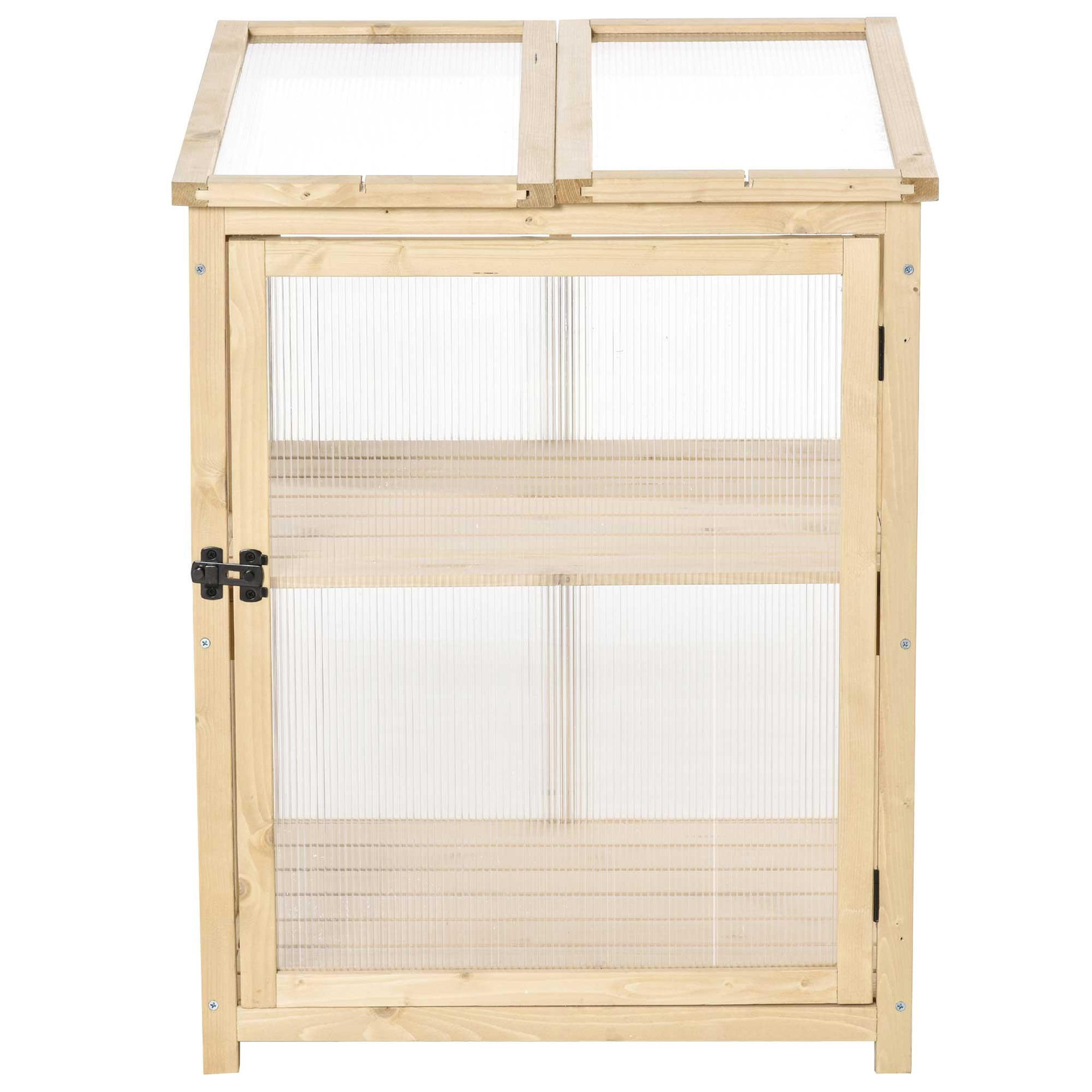 Voir la diapositive 5 : OUTSUNNY Mini serre de jardin 2 niveaux dim. 62L x 63l x 82H cm porte et panneau toit ouvrant bois sapin traité polycarbonate