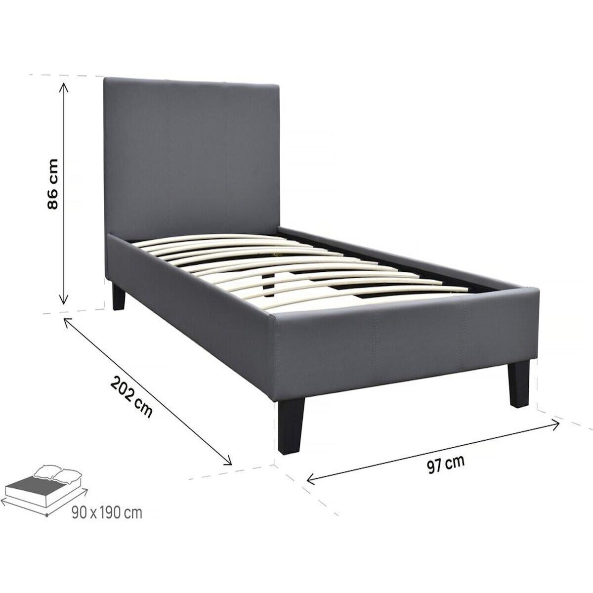 Habitat et Jardin Lit  Lina  - 90 x 190 cm - Gris foncé