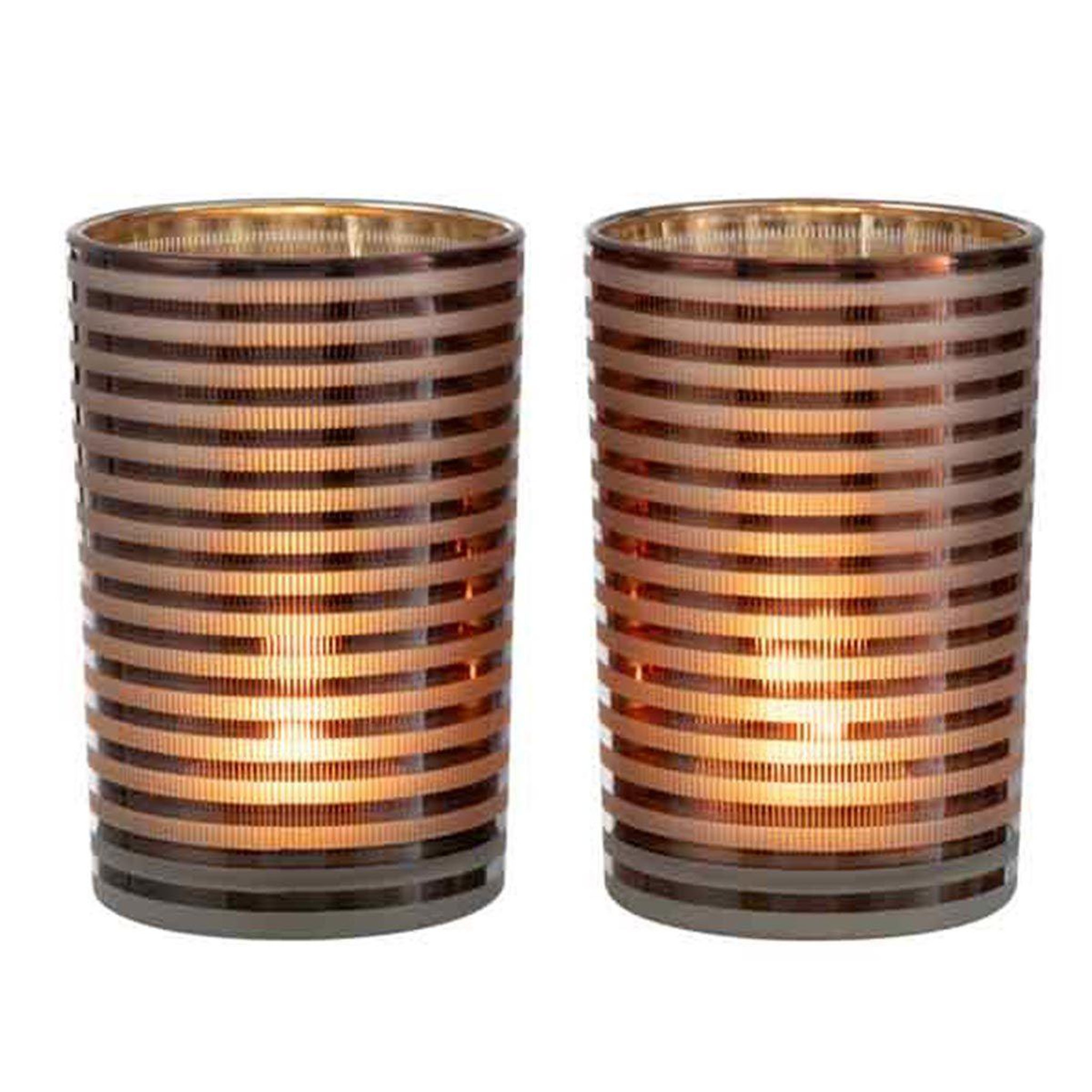 Voir la diapositive 2 : J-LINE Lot de 2 Photophores  Verre Rayé  18cm Marron