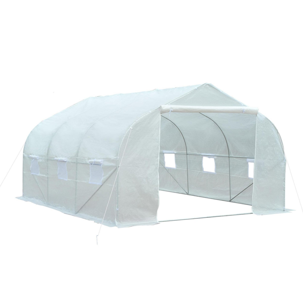 OUTSUNNY Serre tunnel de jardin dim. 4,45L x 2,99l x 2H m porte + 6 fenêtres enroulables acier galvanisé bâche PE haute densité blanc