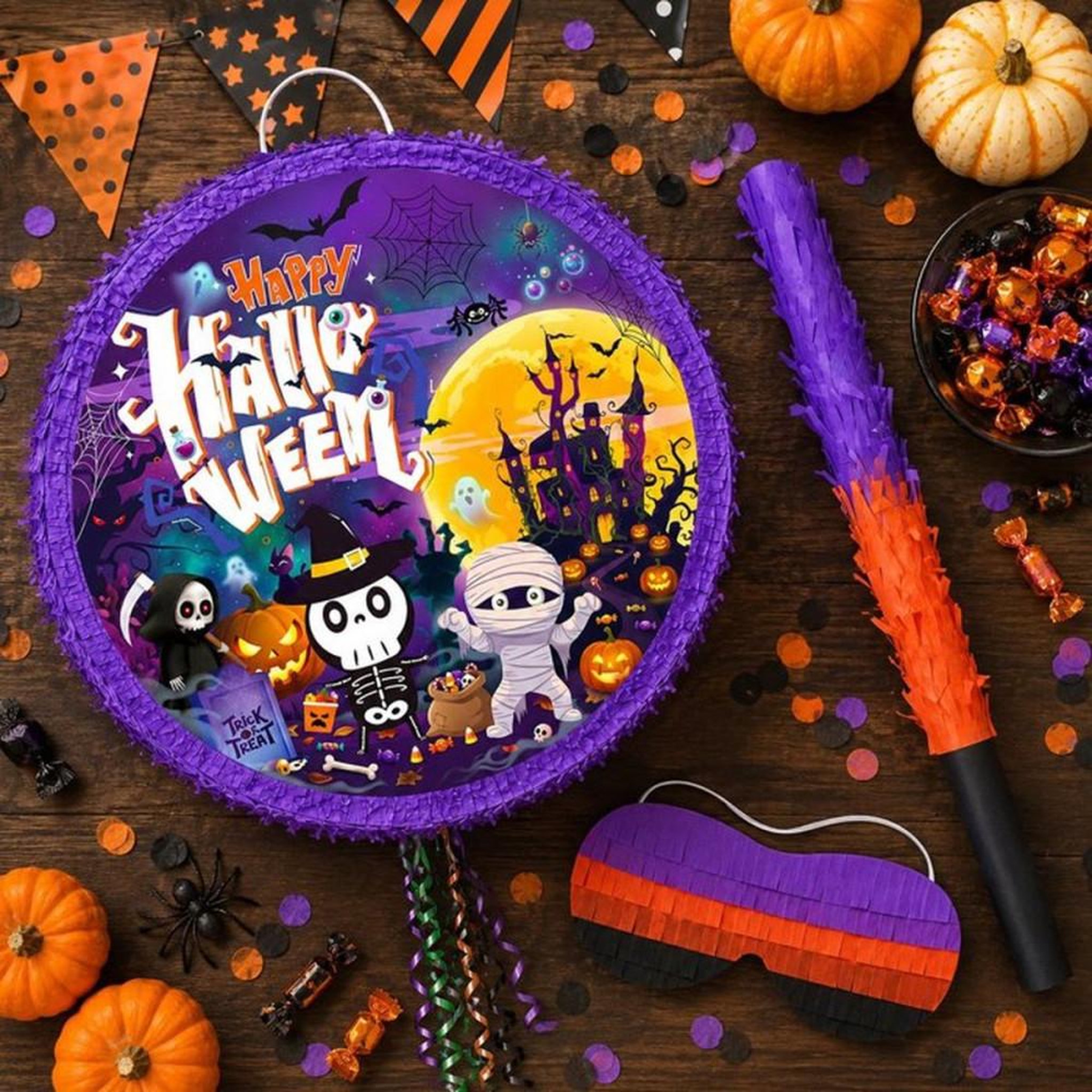 Voir la diapositive 4 : Coffret de 4 piñatas rondes Halloween 43 cm thème Happy Halloween décorations et accessoires