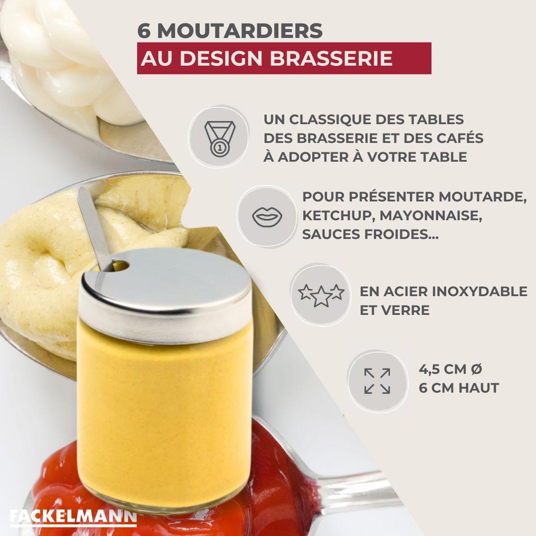 Voir la diapositive 3 : Fackelmann Lot de 6 pots à moutarde avec cuillère fackelmann