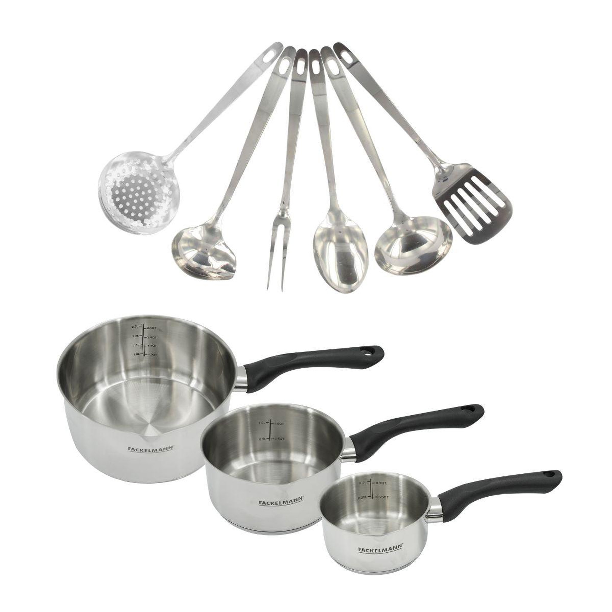 Fackelmann Set 3 casseroles 12 16 et 20 cm en inox et 6 ustensiles inox fackelmann geneva