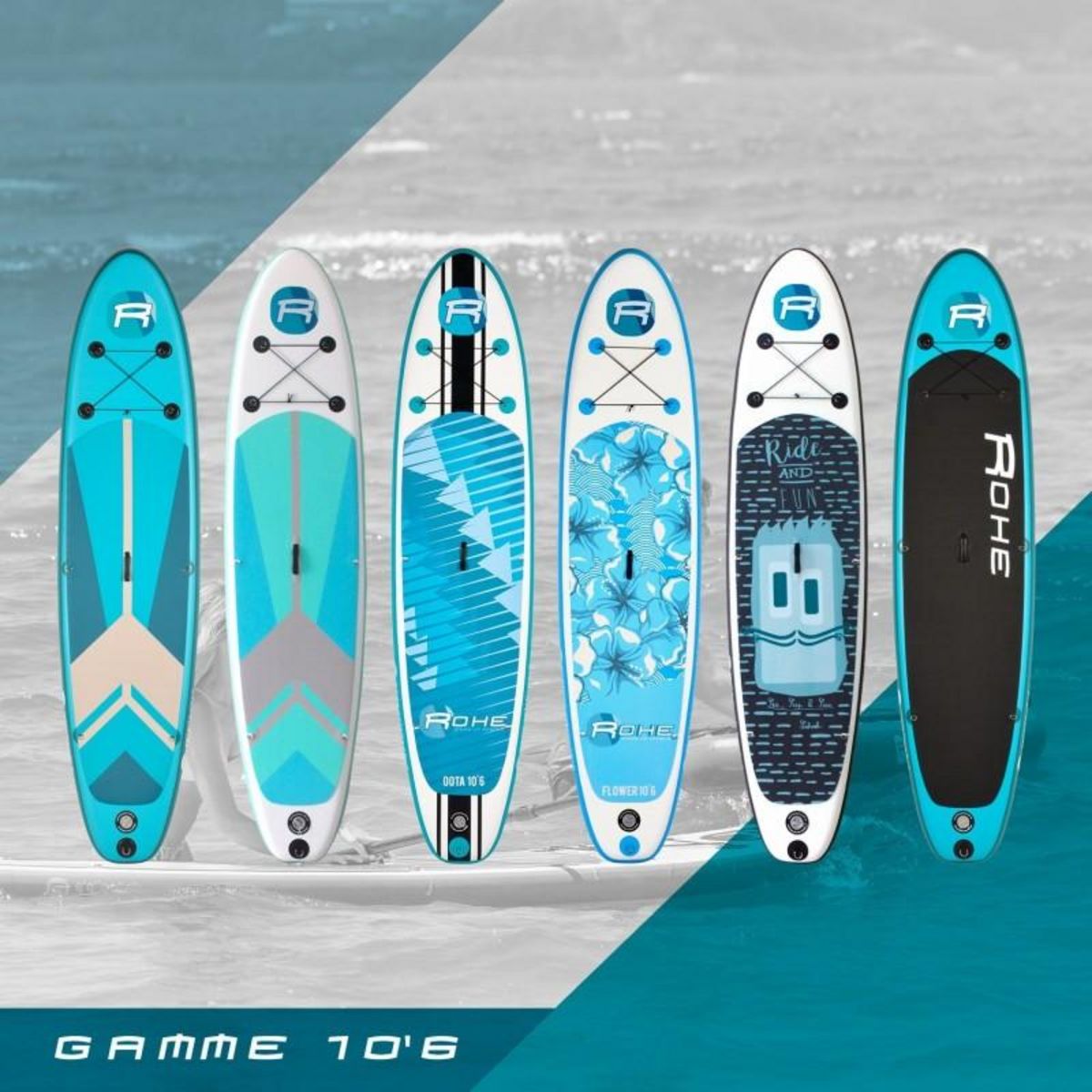 ROHE Stand Up Paddle Gonflable FLOWER ROHE - 10'6'' (320cm) 30'' (76cm) 6'' (15cm) avec Pompe, Pagaie, Leash et Sac de transport