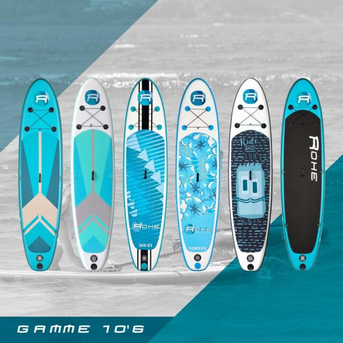 ROHE Stand Up Paddle Gonflable FLOWER ROHE - 10'6'' (320cm) 30'' (76cm) 6'' (15cm) avec Pompe, Pagaie, Leash et Sac de transport