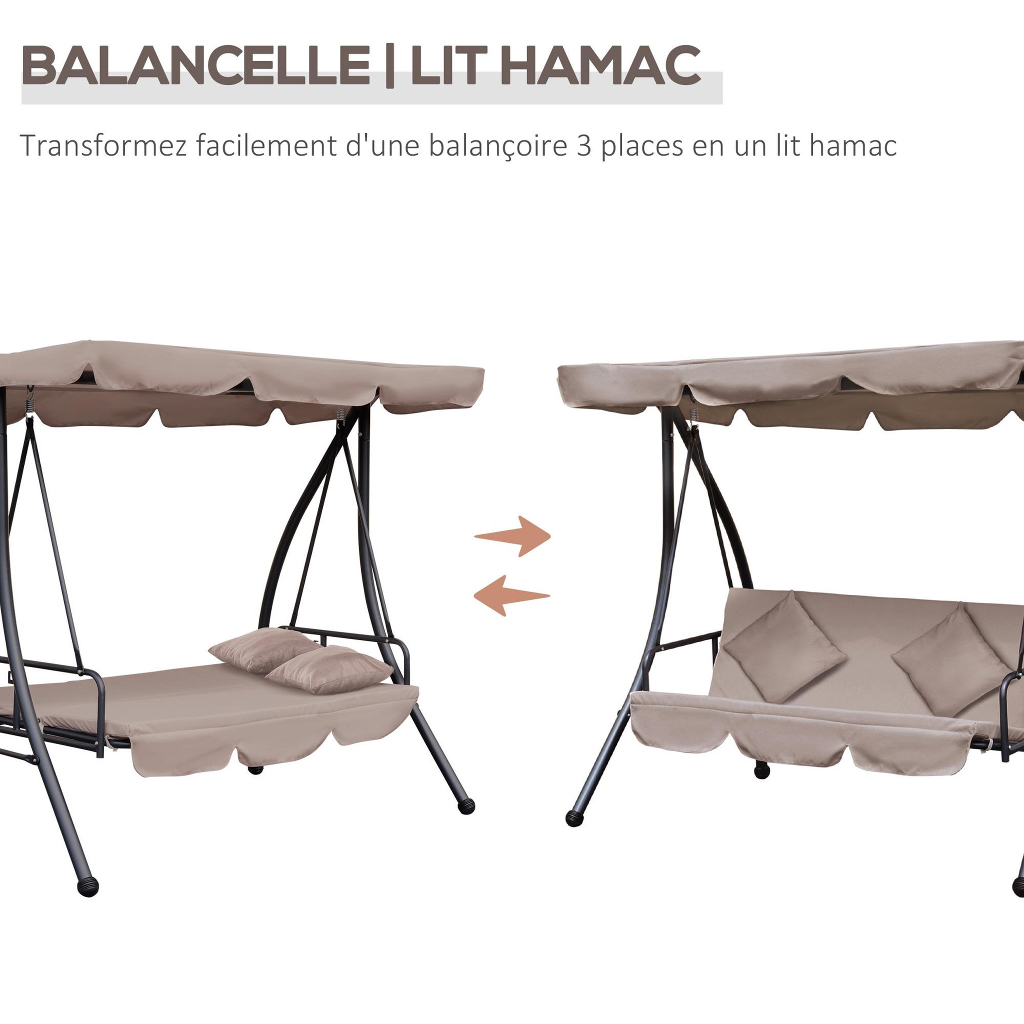 Voir la diapositive 6 : OUTSUNNY Balancelle de jardin convertible 3 places grand confort inclinaison toit réglable matelas fourni 2L x 1,25l x 1,7H m métal polyester noir et beige