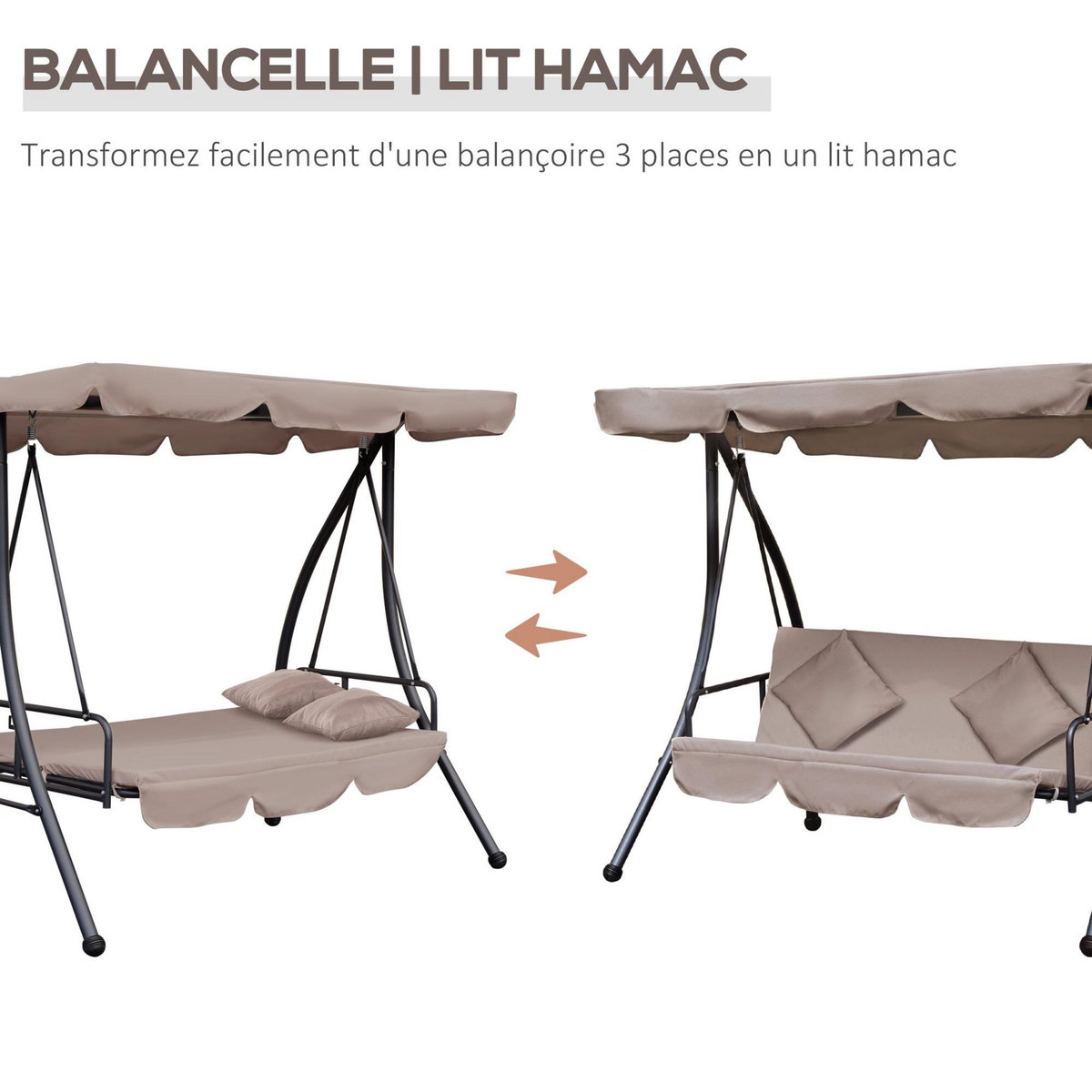 OUTSUNNY Balancelle de jardin convertible 3 places grand confort inclinaison toit réglable matelas fourni 2L x 1,25l x 1,7H m métal polyester noir et beige