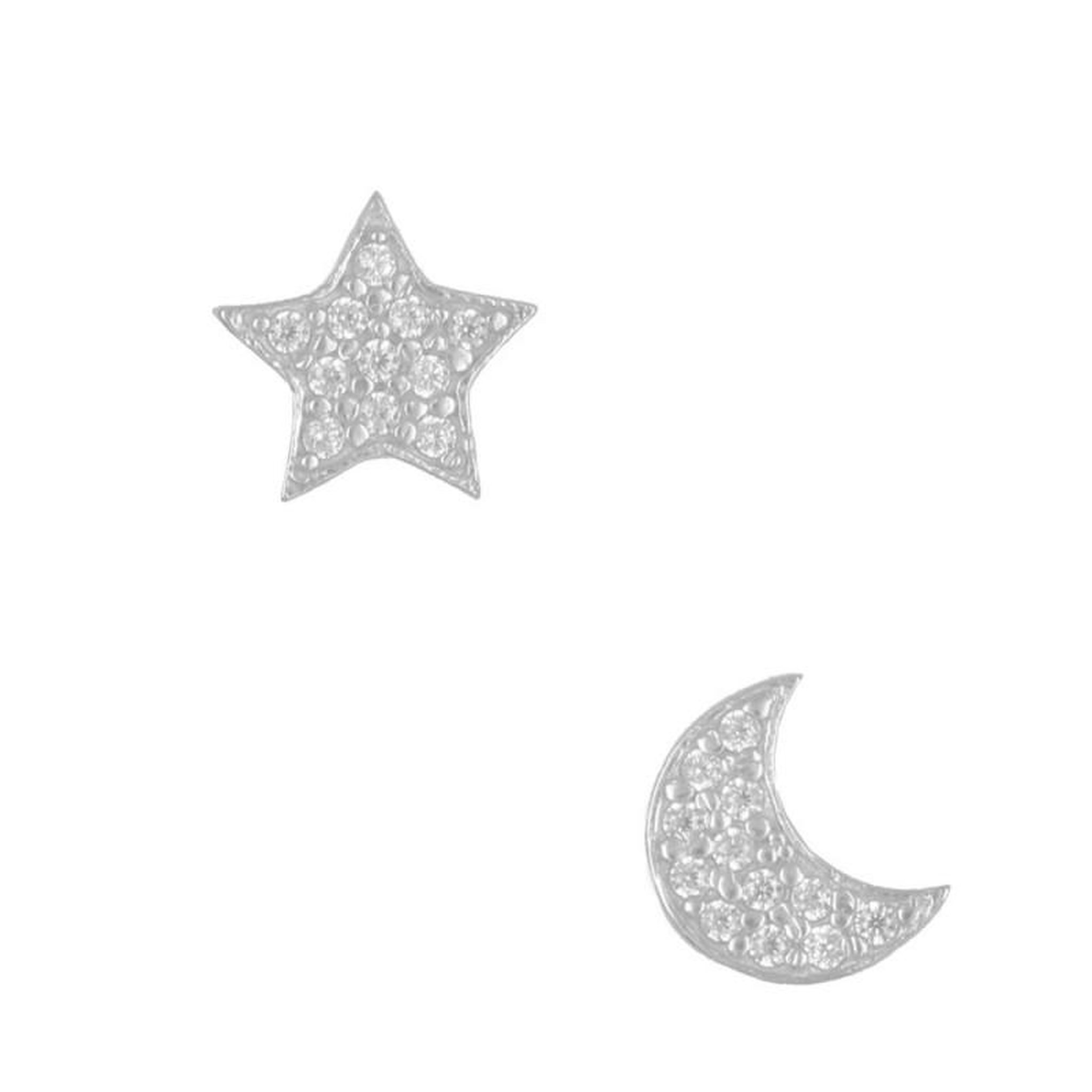 L'ATELIER D'AZUR Boucles d'Oreilles Or Blanc Serties de Zirconiums - Etoile et Lune