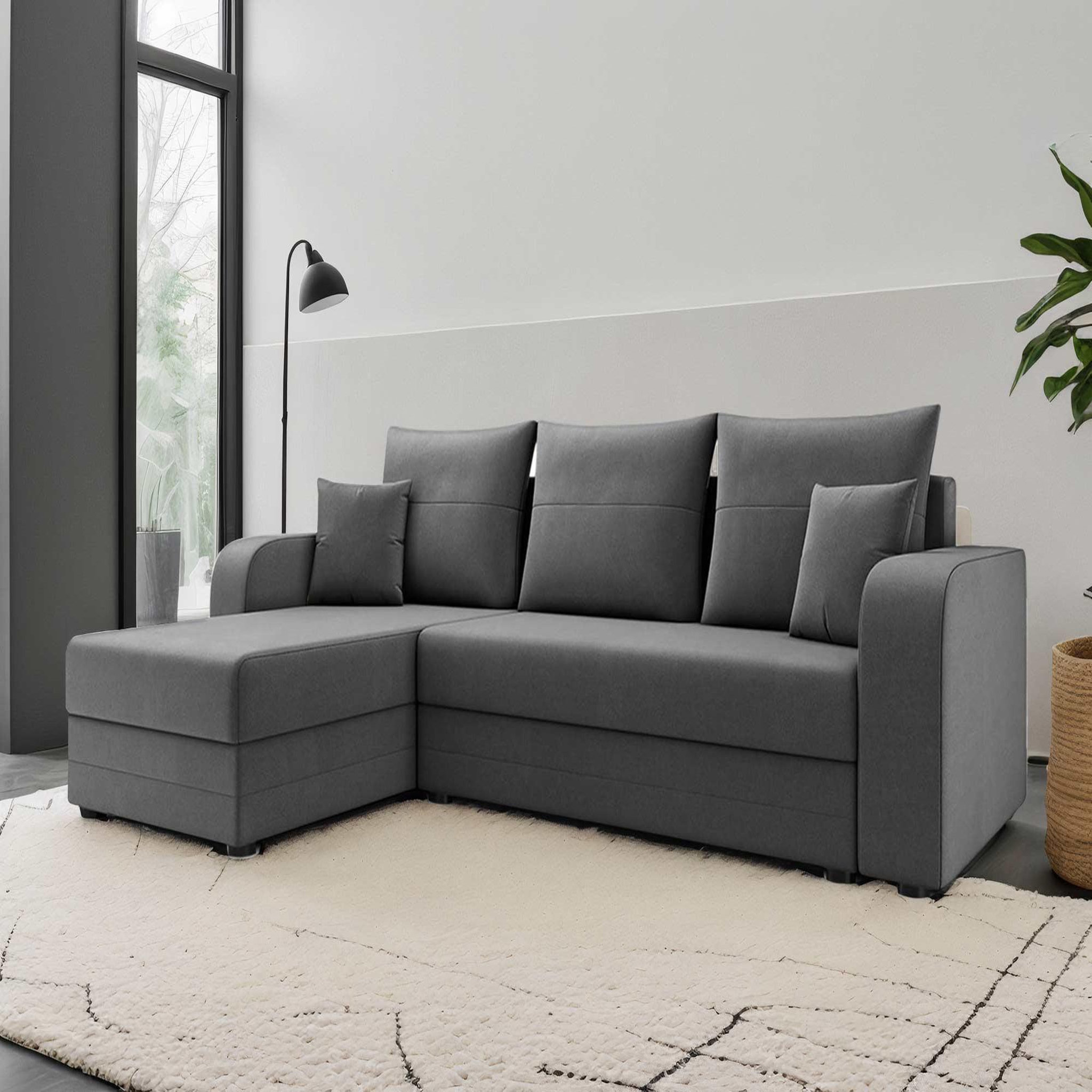 BEST MOBILIER Harvey - canapé d'angle réversible 4 places convertible avec coffre en velours. Coloris disponibles : Gris, Bleu, Vert, Beige