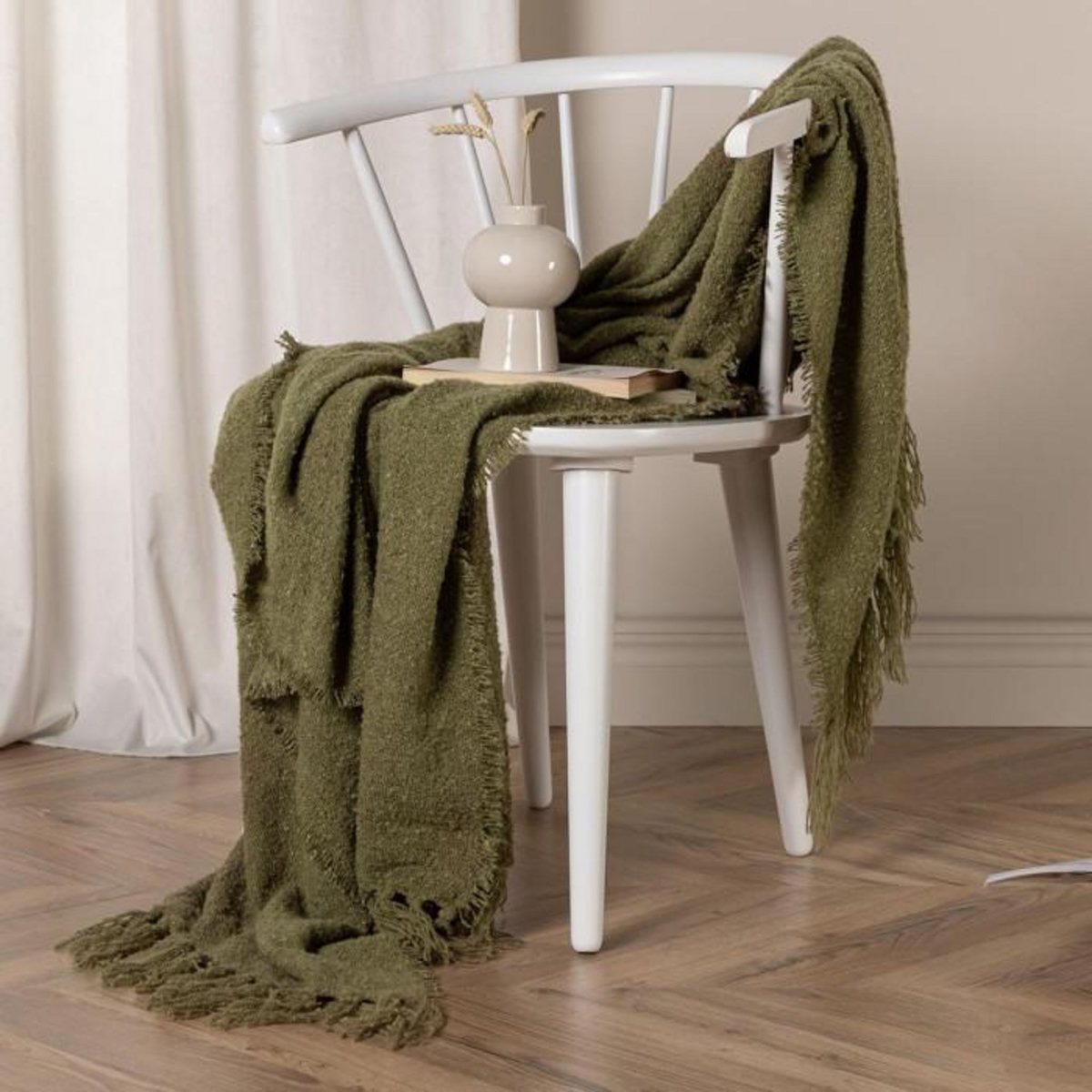 Paris Prix Plaid Uni à Franges  Stanly  130x170cm Vert Mousse