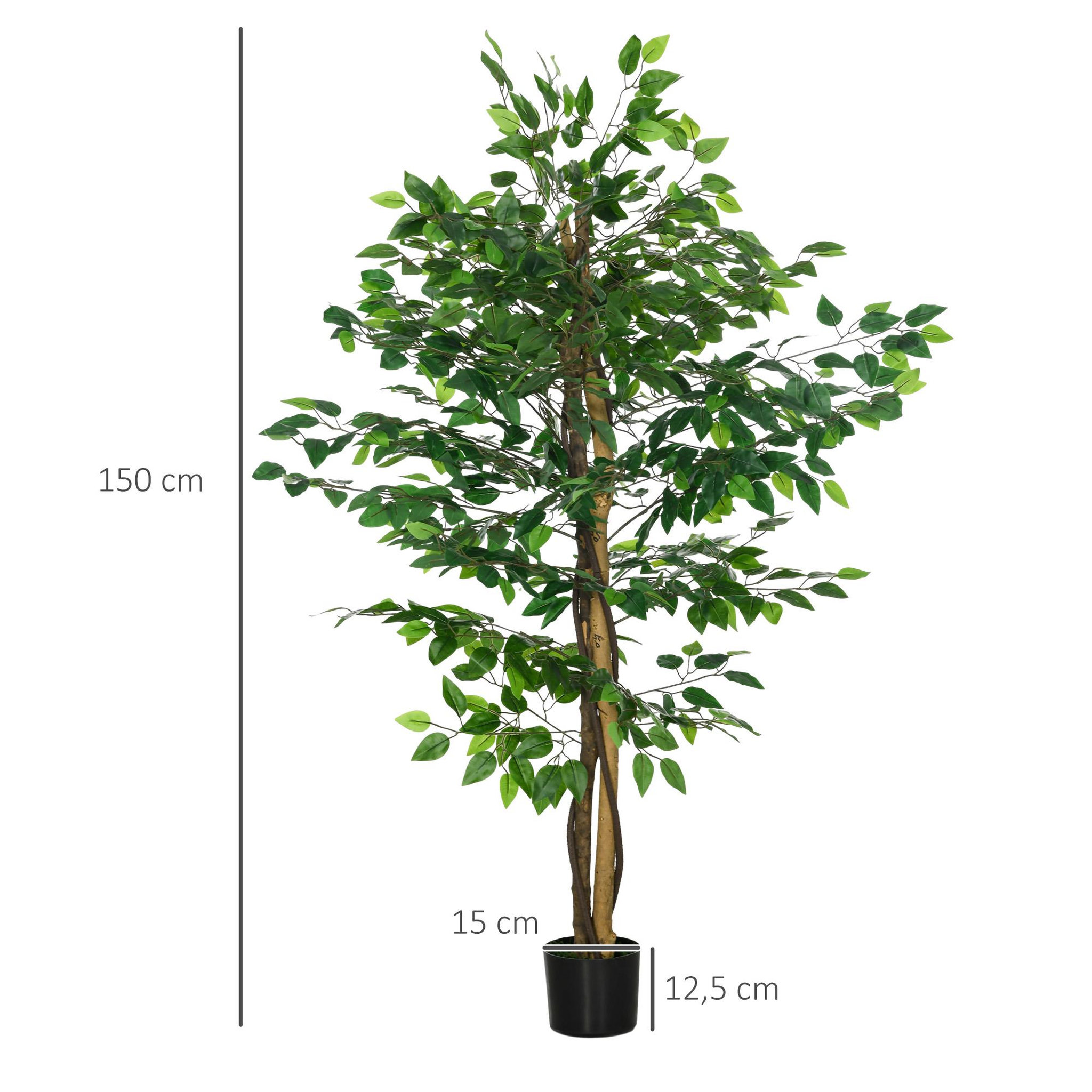 Voir la diapositive 3 : HOMCOM Lot de 2 plantes artificielles arbres ficus H.1,50 m tronc branches liane lichen feuilles grand réalisme pot inclus