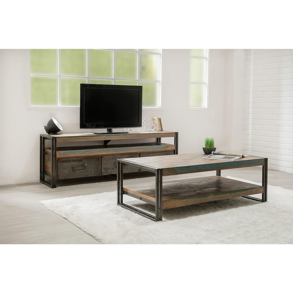 Paris Prix Table Basse Rectangulaire en Teck Industriel  Loft  120cm Marron