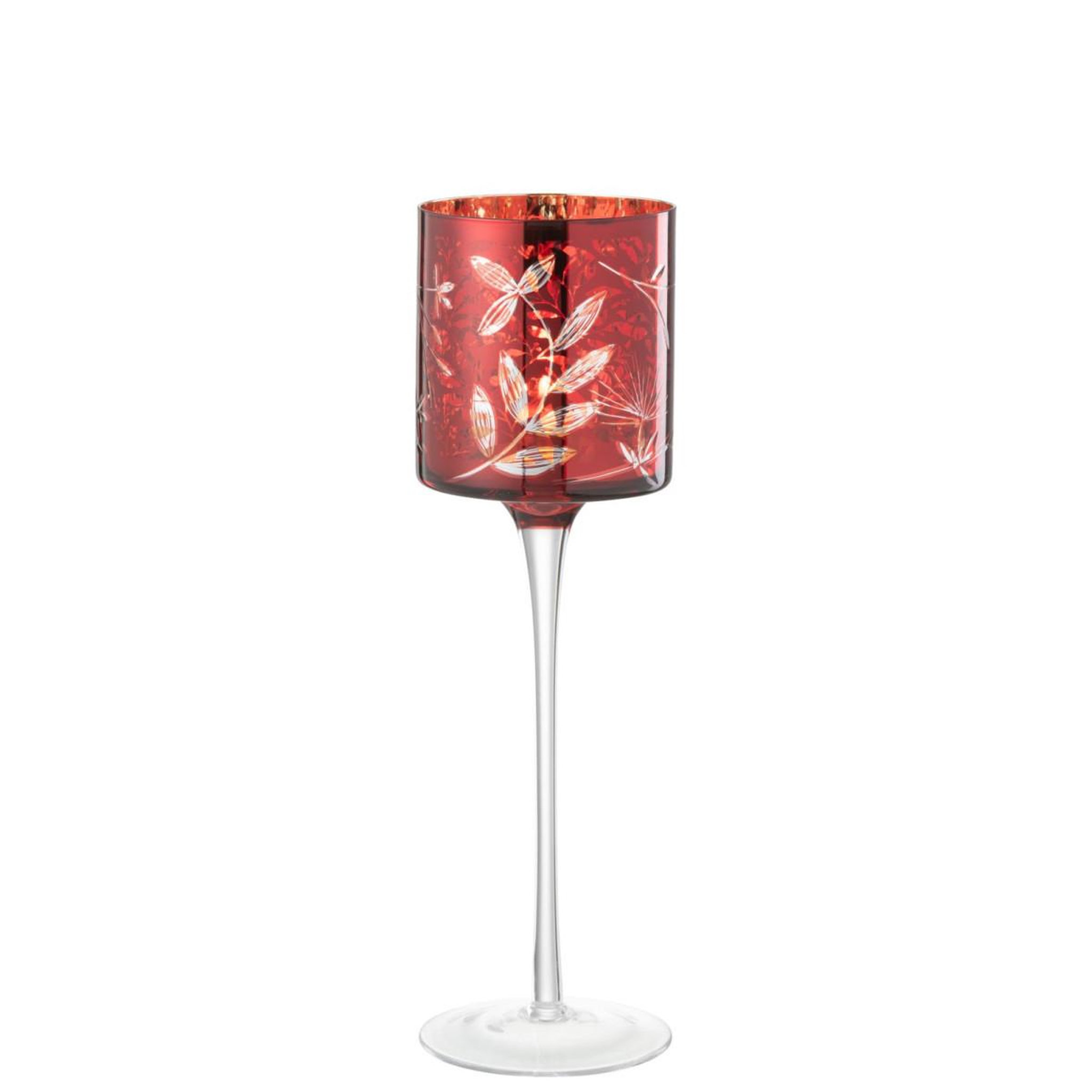 Voir la diapositive 2 : J-LINE Photophore sur Pied en Verre  Feuilles  30cm Rouge