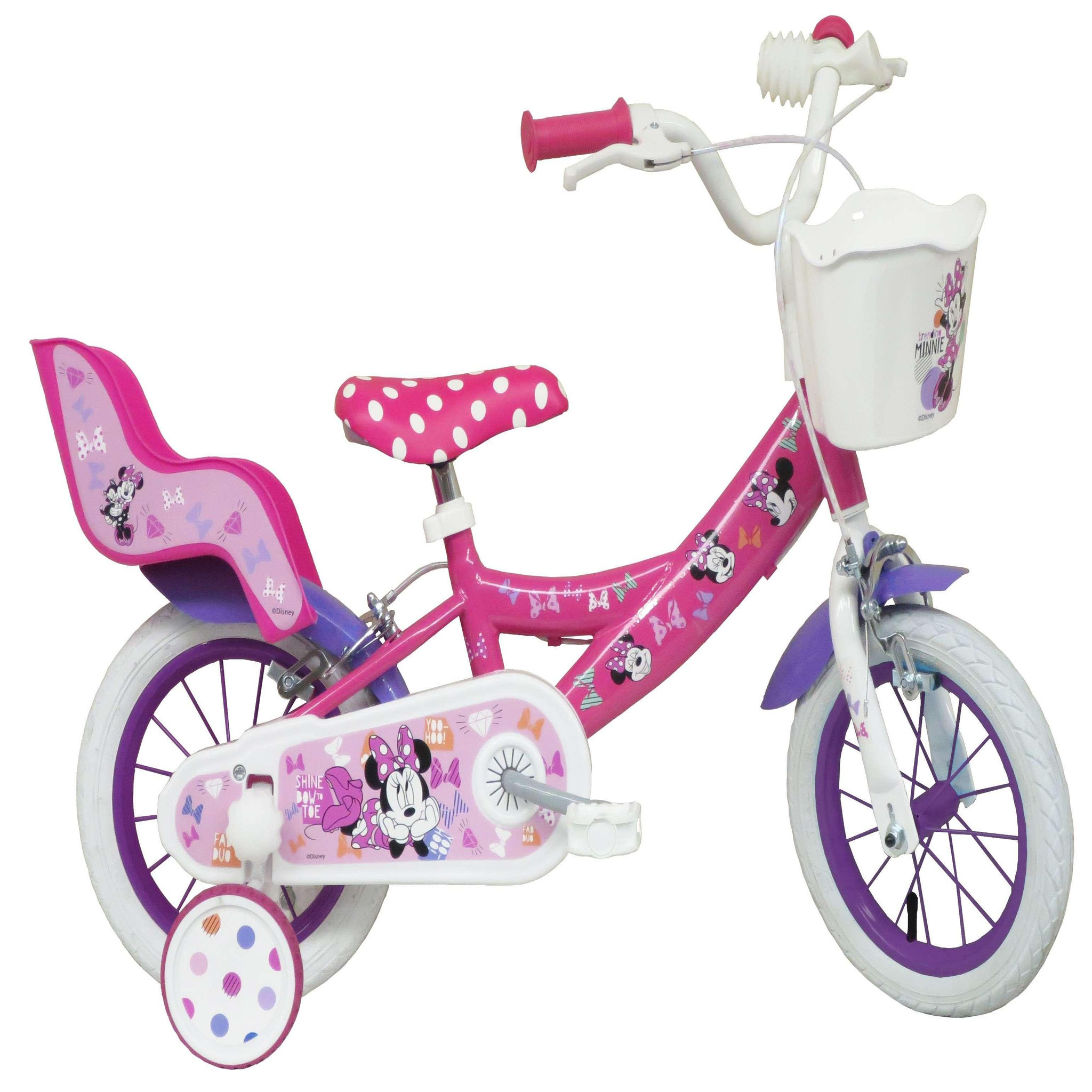 Voir la diapositive 1 : Disney Minnie Vélo enfant - Modème 12'' Minnie de Disney pour enfant de 85/100 cm avec stabilisateurs - 2 freins - Panier avant - Porte poupée arrière et pneus gonflables !