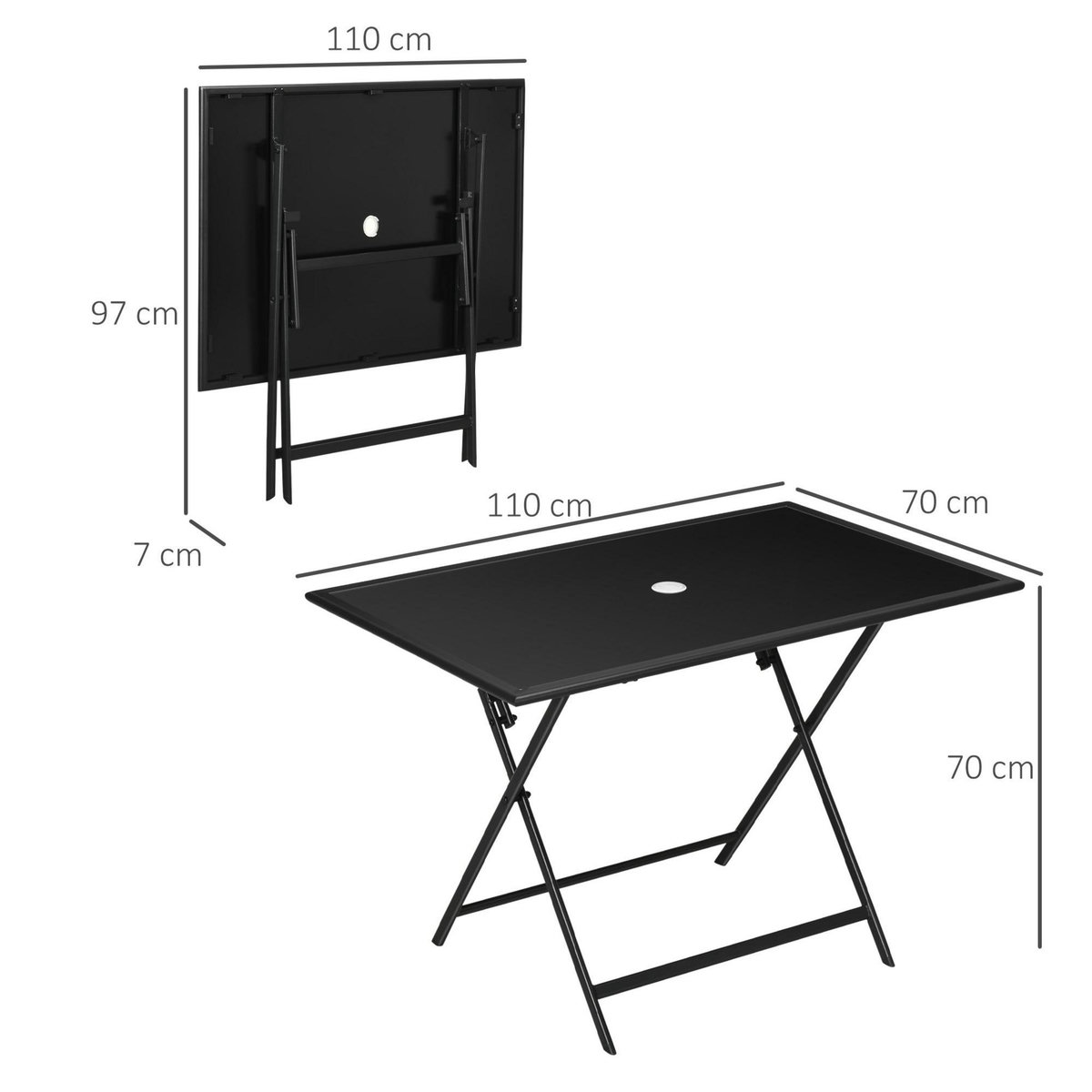 OUTSUNNY Table de jardin pliable 6 places - espace parasol - dim. 110 x 70 x 70 cm - métal époxy plateau verre trempé noir