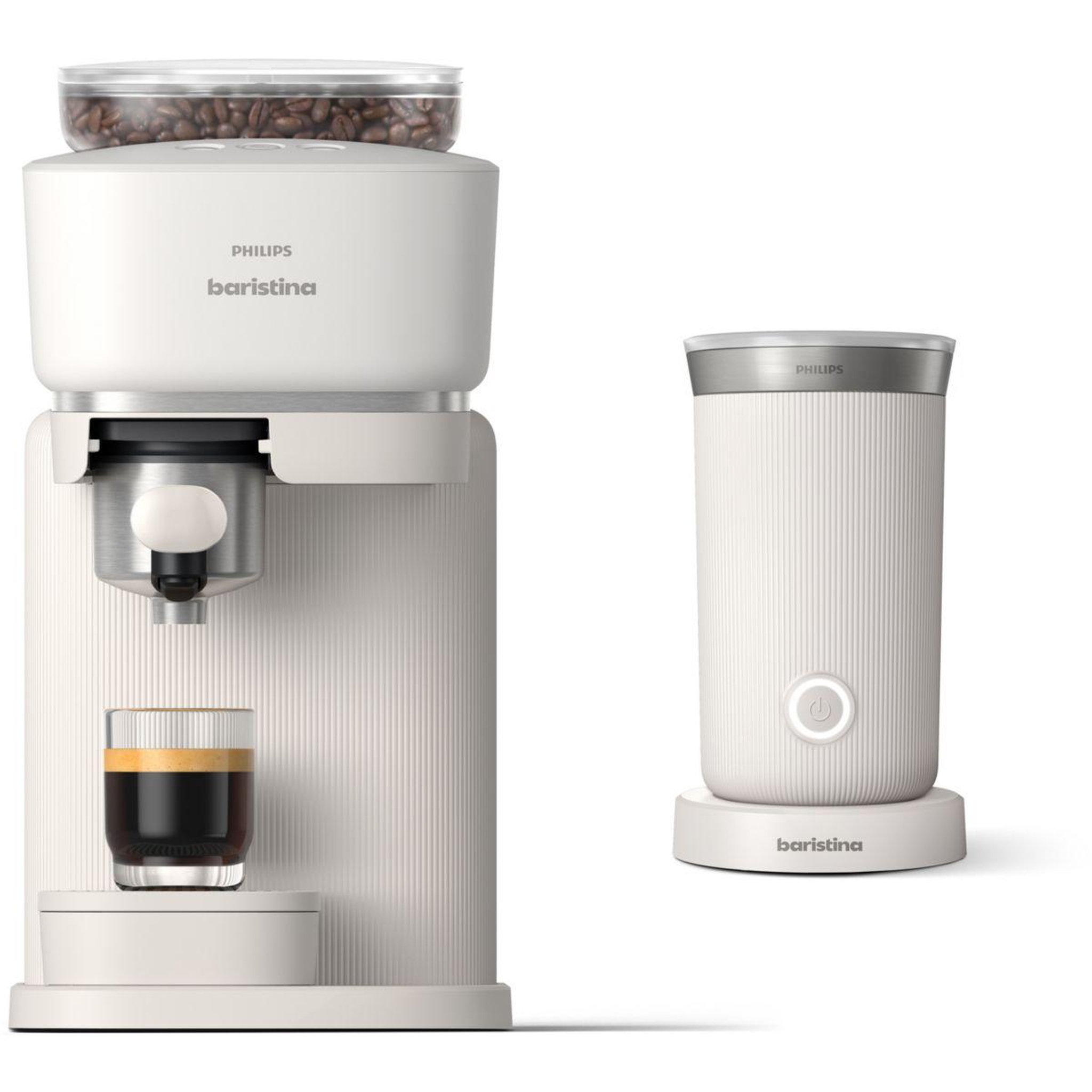 Voir la diapositive 1 : Philips Machine à expresso Baristina BAR303/00 cafetière à grain Blanche + mousseur à Lait