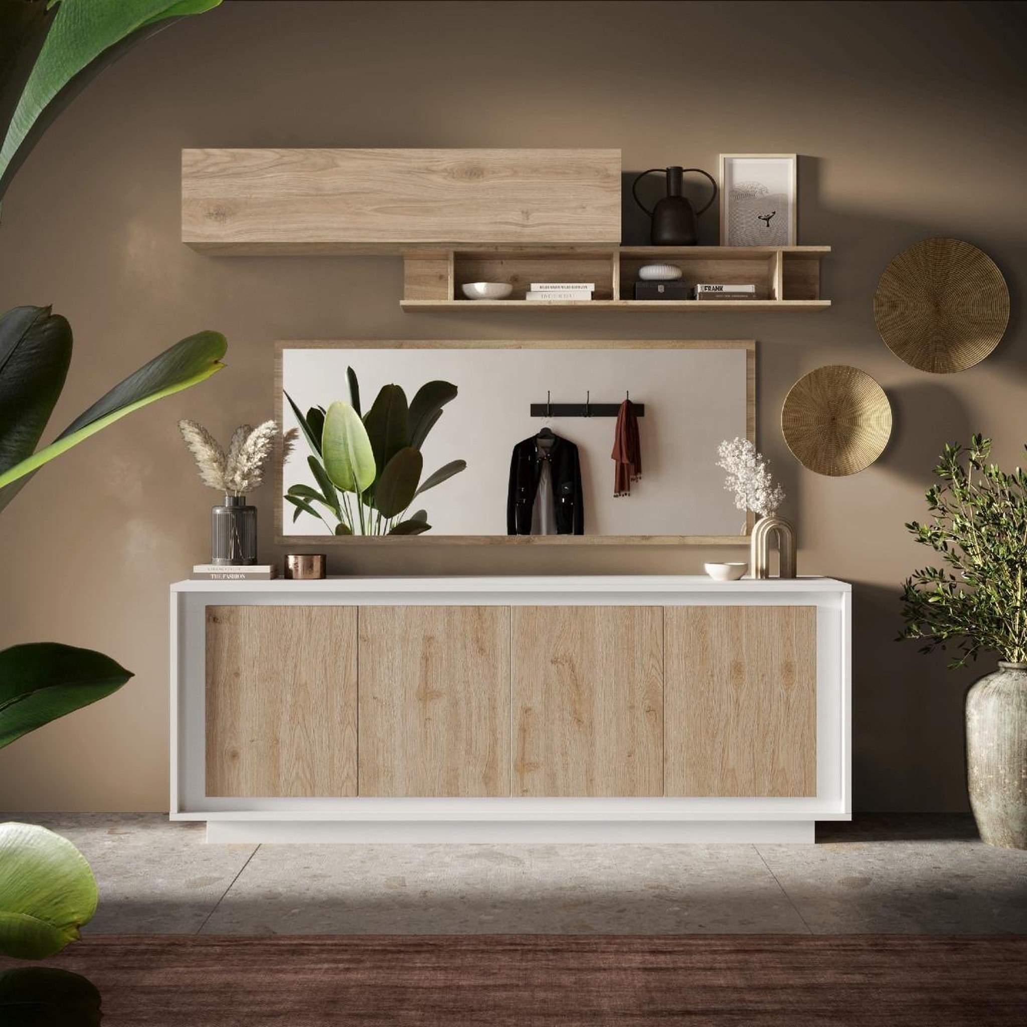 Voir la diapositive 2 : JLC KREATION Buffet bas contemporain 4 portes blanc et bois naturel yori