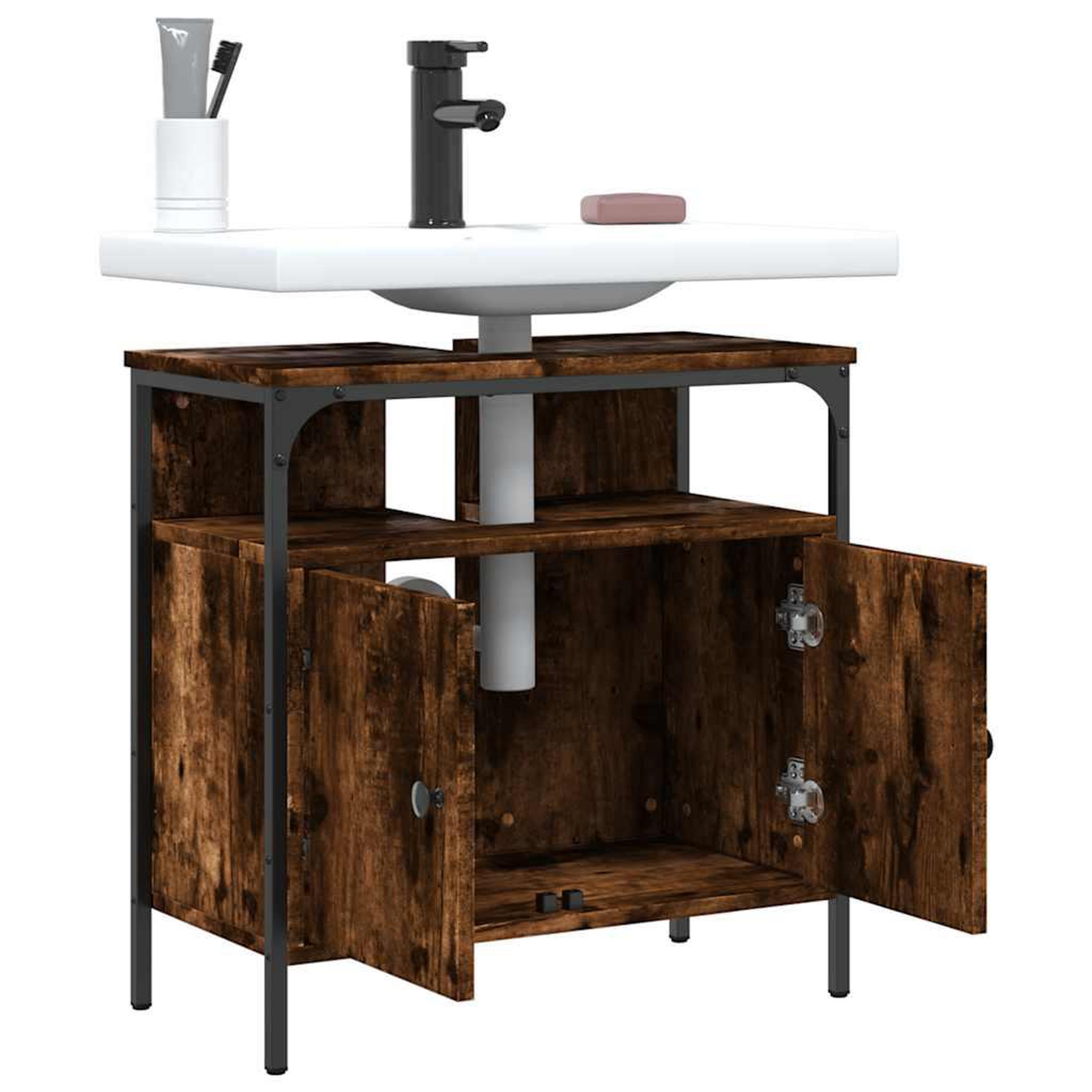 Voir la diapositive 4 : VIDAXL Armoire lavabo de salle de bain chene fume 60x30x60 cm