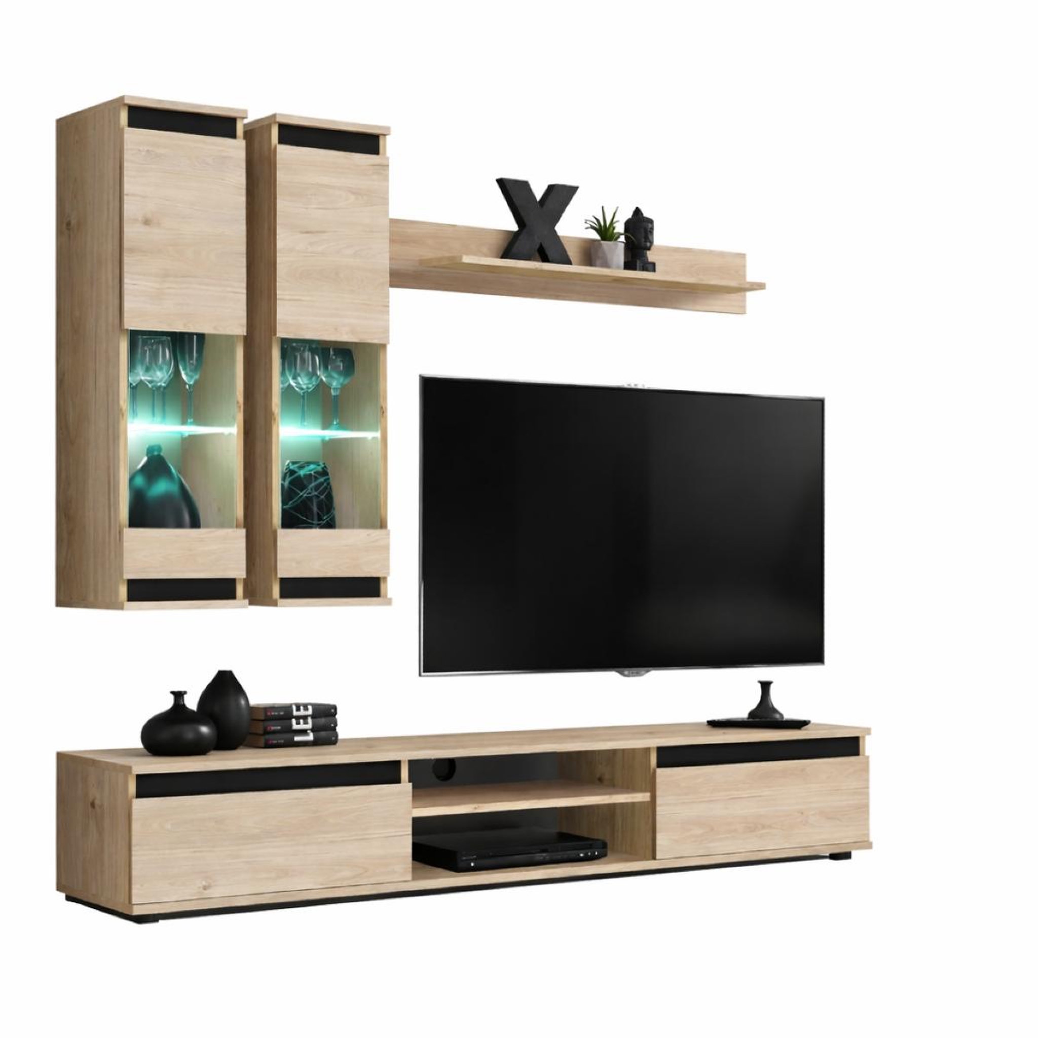 JLC KREATION Ensemble tv mural moderne bois et noir avec vitrines oudini