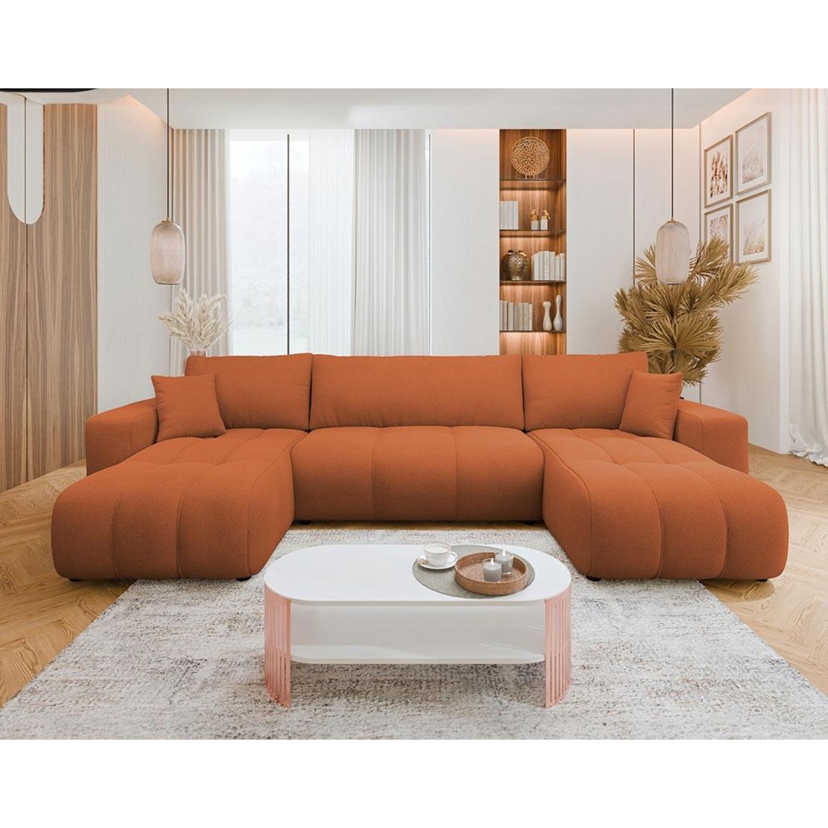 BEST MOBILIER Nicole - canapé panoramique en u 7 places convertible avec coffre en tissu