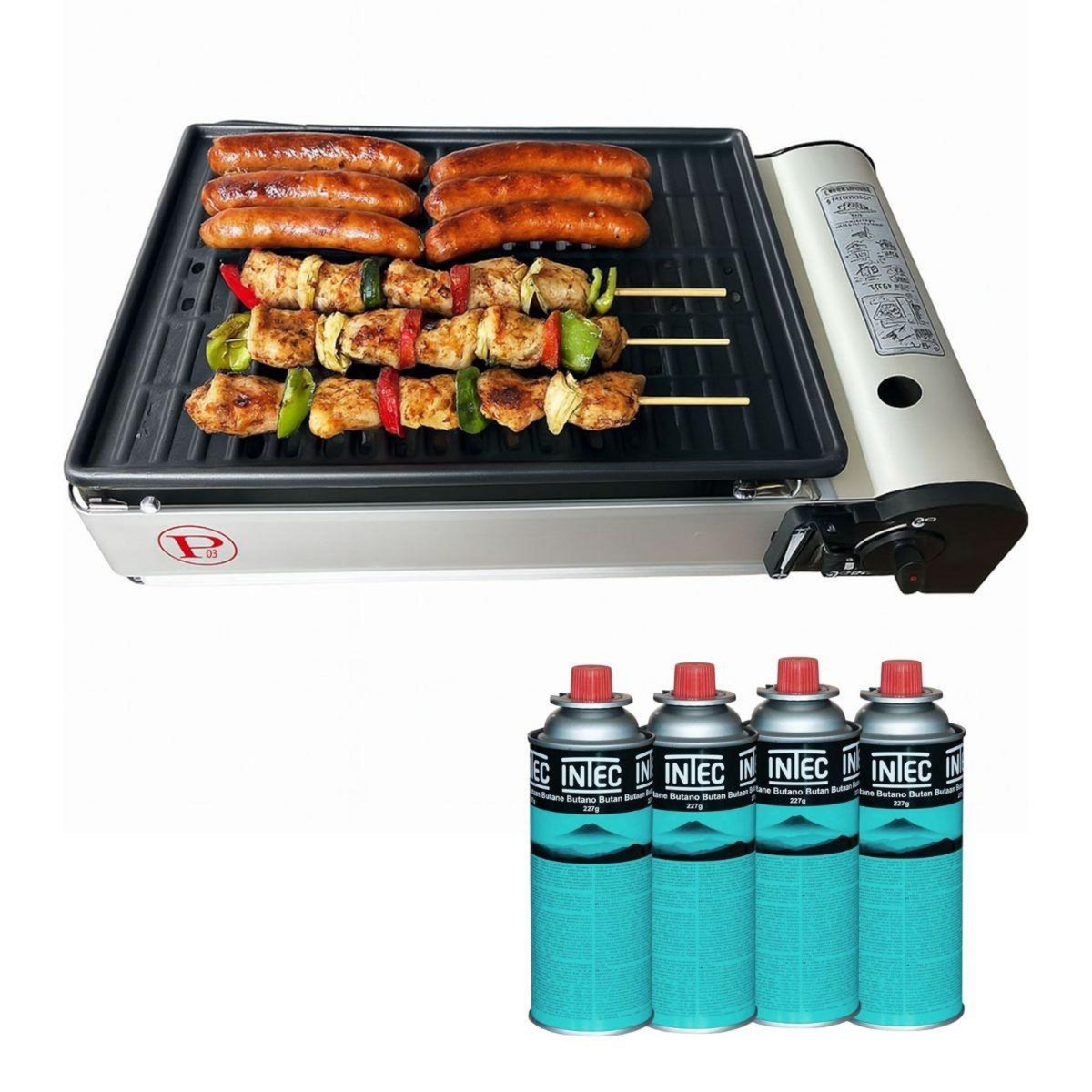INTEC Barbecue à gaz Grill 1900W + 4 cartouches de gaz Allumage Piezo Camping COOK160