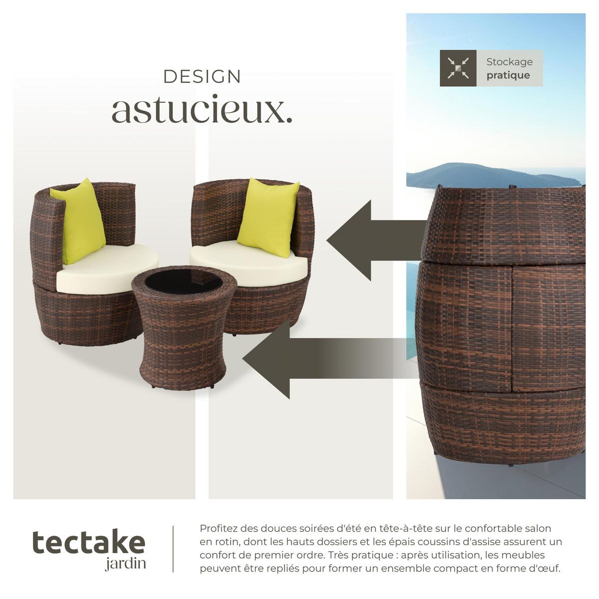 tectake Salon de jardin avec cadre en aluminium noir/marron