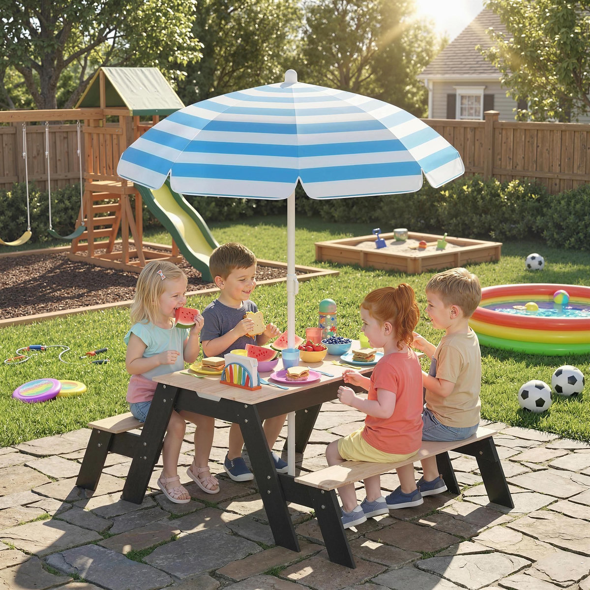 HOMCOM Table de pique-nique enfant bois avec parasol et 2 bacs
