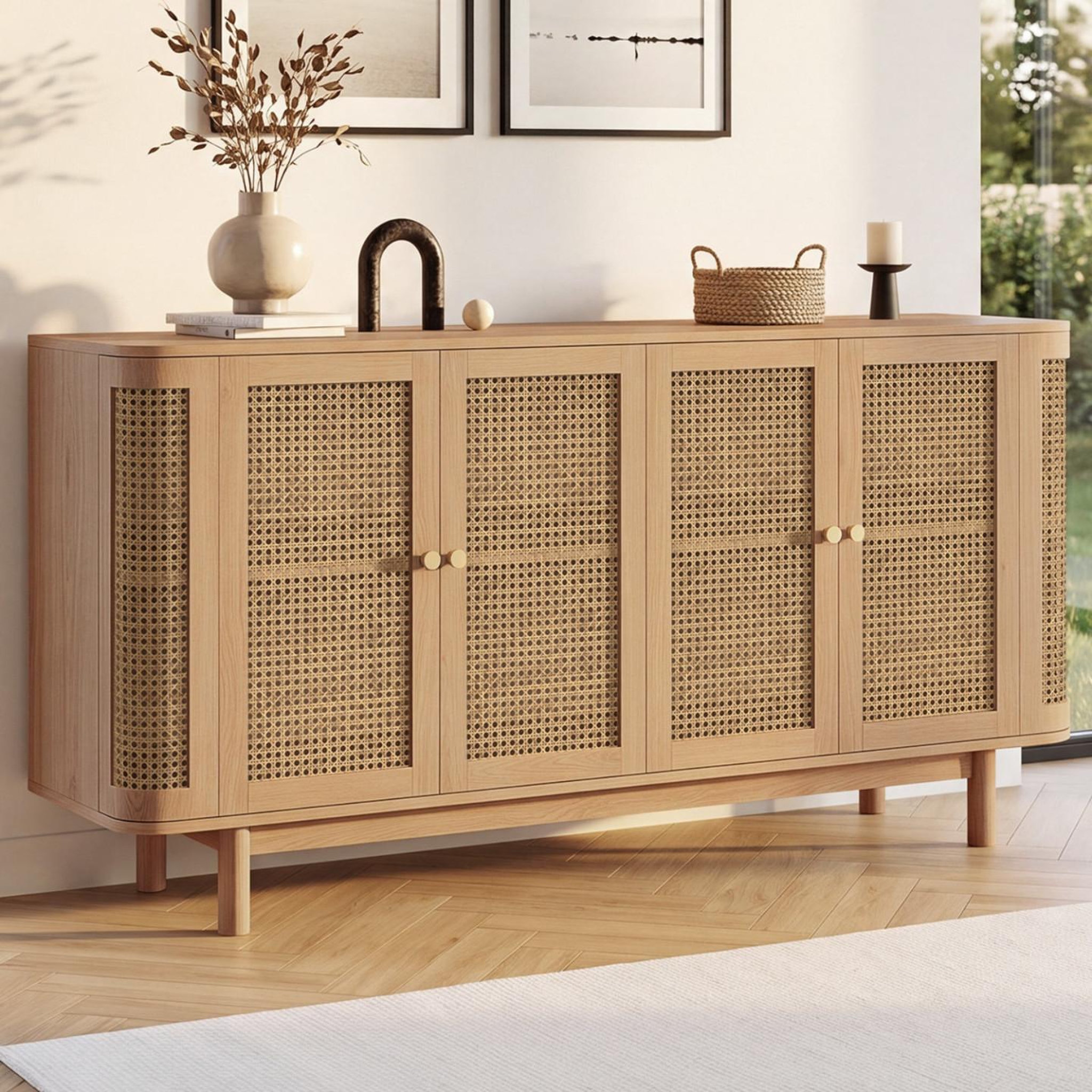 Voir la diapositive 2 : ID MARKET Buffet 160 cm DANA arrondi 4 portes bois et cannage