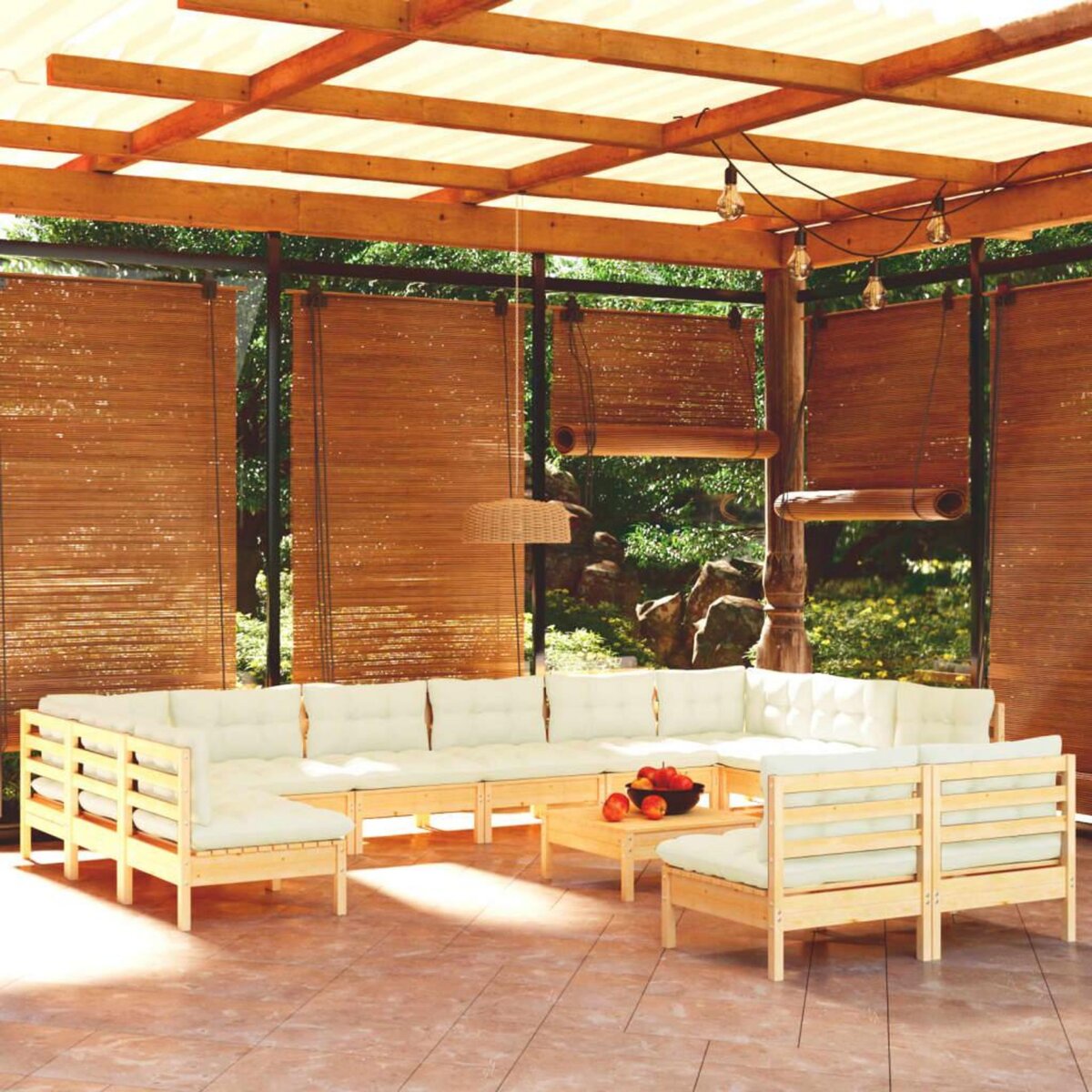 VIDAXL Salon de jardin 13 pcs avec coussins creme bois de pin massif