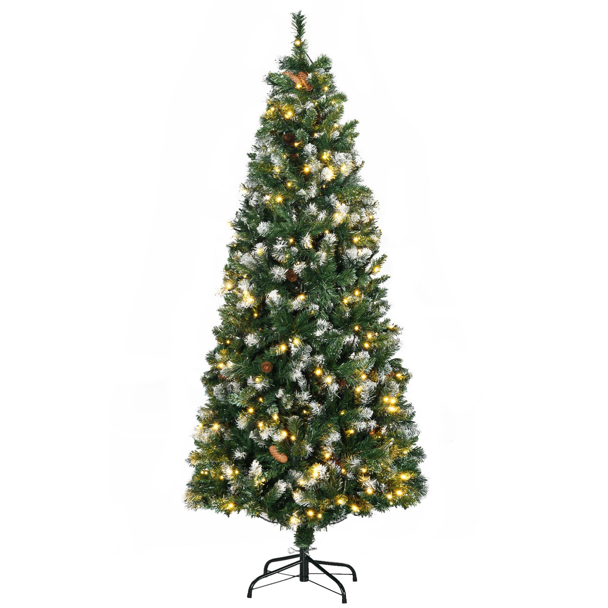 HOMCOM Sapin de Noël artificiel lumineux LED x 250 blanc chaud 30 pommes de pin H. 180 cm 703 branches vert effet neige
