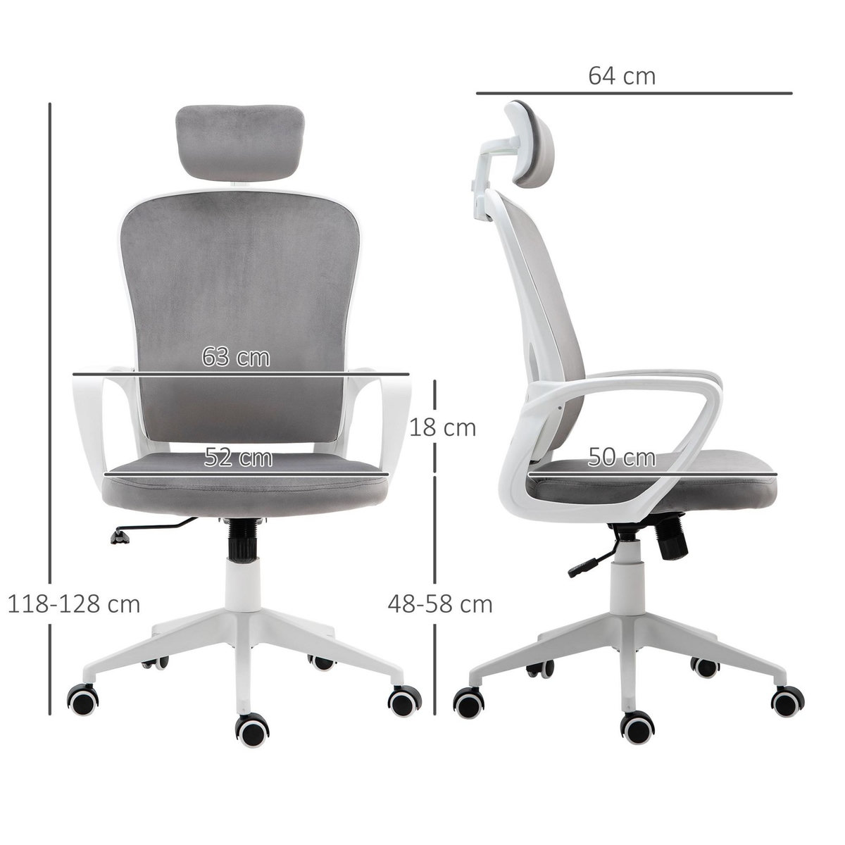 VINSETTO Fauteuil de bureau ergonomique en velours - 63 x 64 x 118-128 cm - gris clair