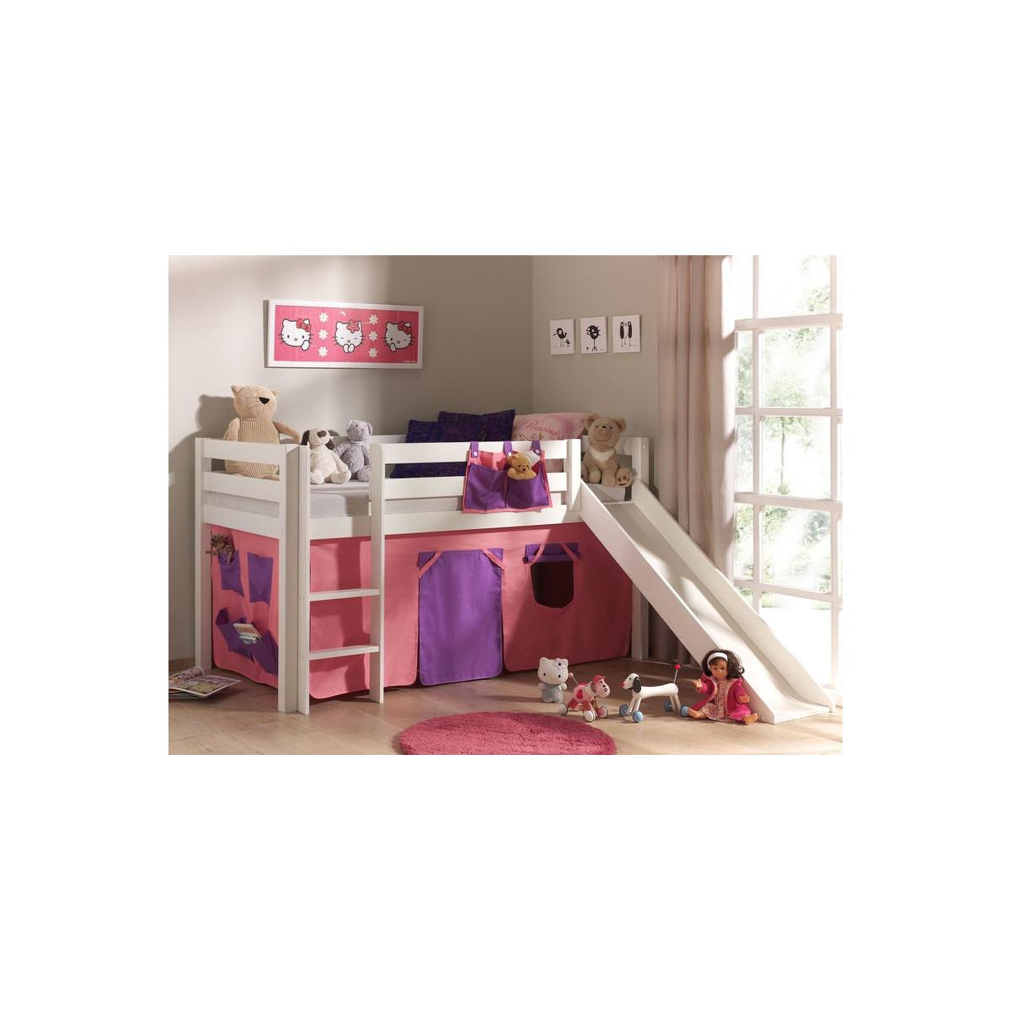 Voir la diapositive 2 : Paris Prix Lit Enfant Avec Toboggan  Pino Rose  90x200cm Blanc