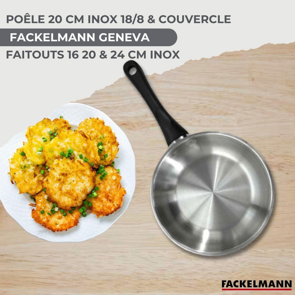 Fackelmann Set de 1 poêle 20 cm en inox, couvercle verre, 3 faitouts inox 16, 20 et 24 cm et 6 ustensiles RPET Fackelmann Geneva