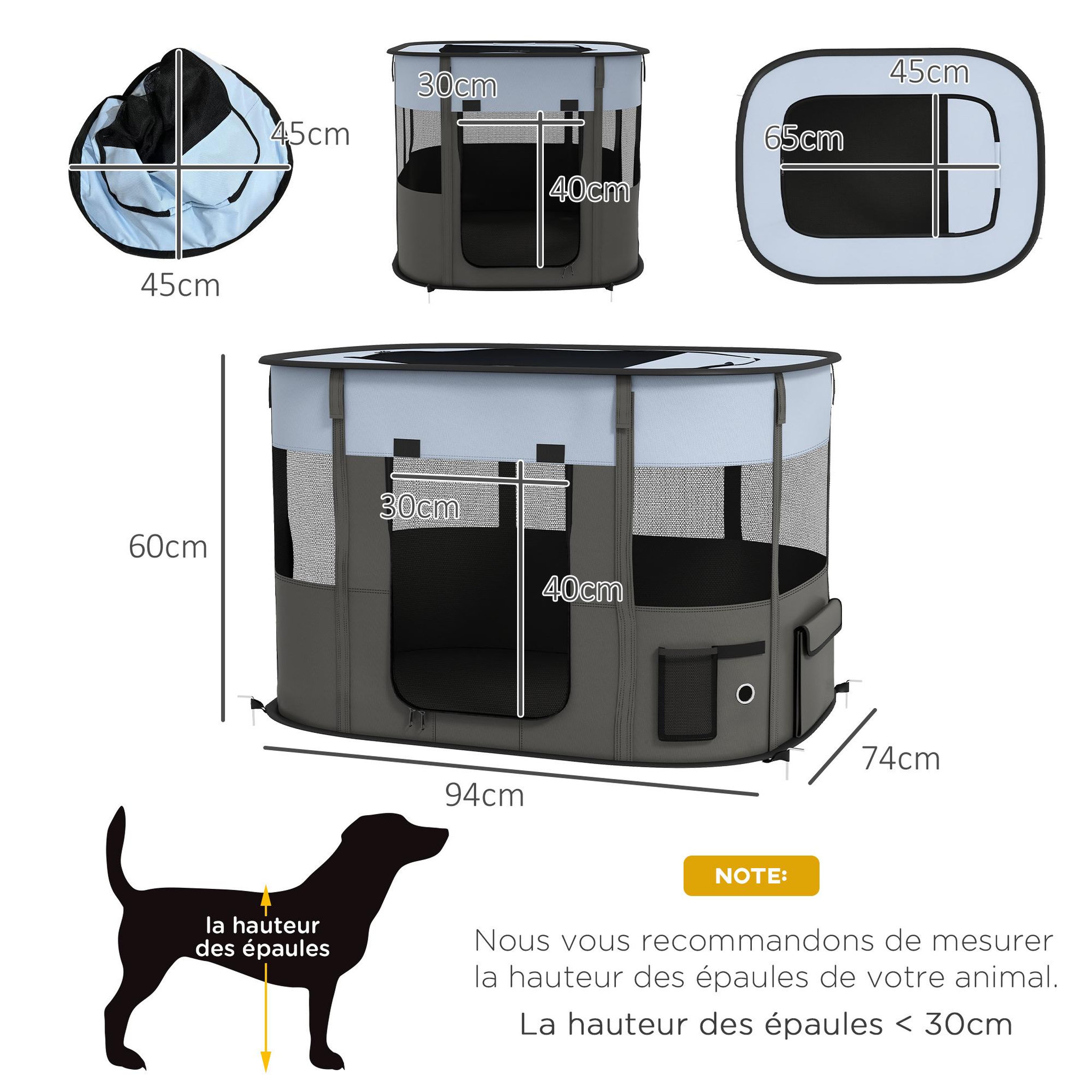 Voir la diapositive 3 : PAWHUT Parc pour chien pliable dim. 94l x 74l x 60h cm tissu oxford gris noir
