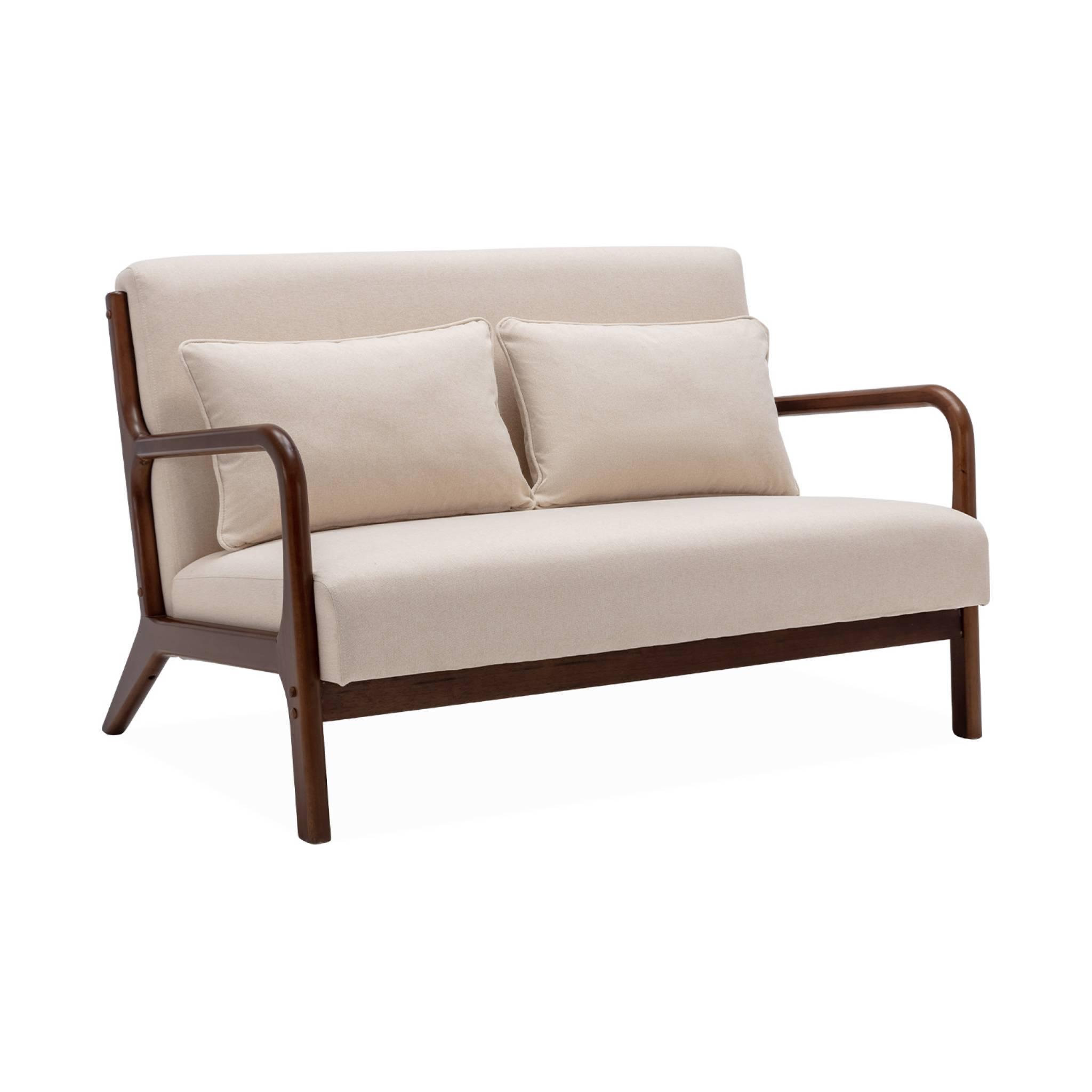 Voir la diapositive 6 : SWEEEK Banquette 2 places + Fauteuil en bois et tissu beige. bois d'hévéa teinté noyer clair