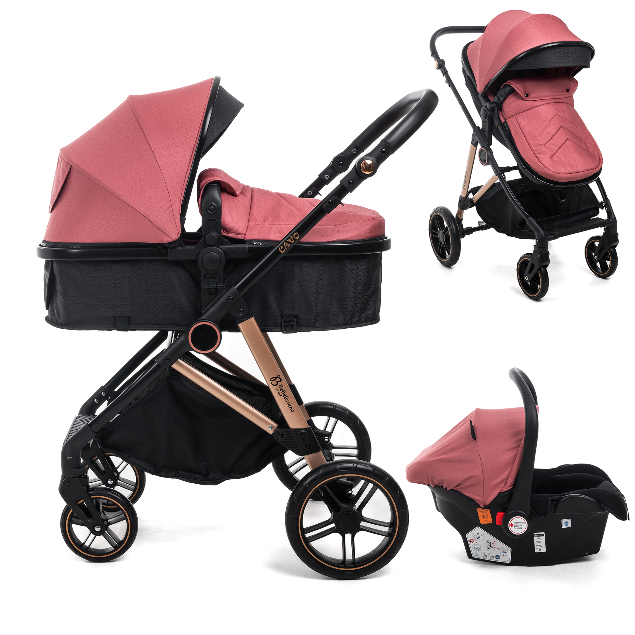 BEBELISSIMO Poussette combinée trio 3 en 1 - siège auto 0+ CAVO – nacelle – dès la naissance – jusqu'à 22kg - bordeaux