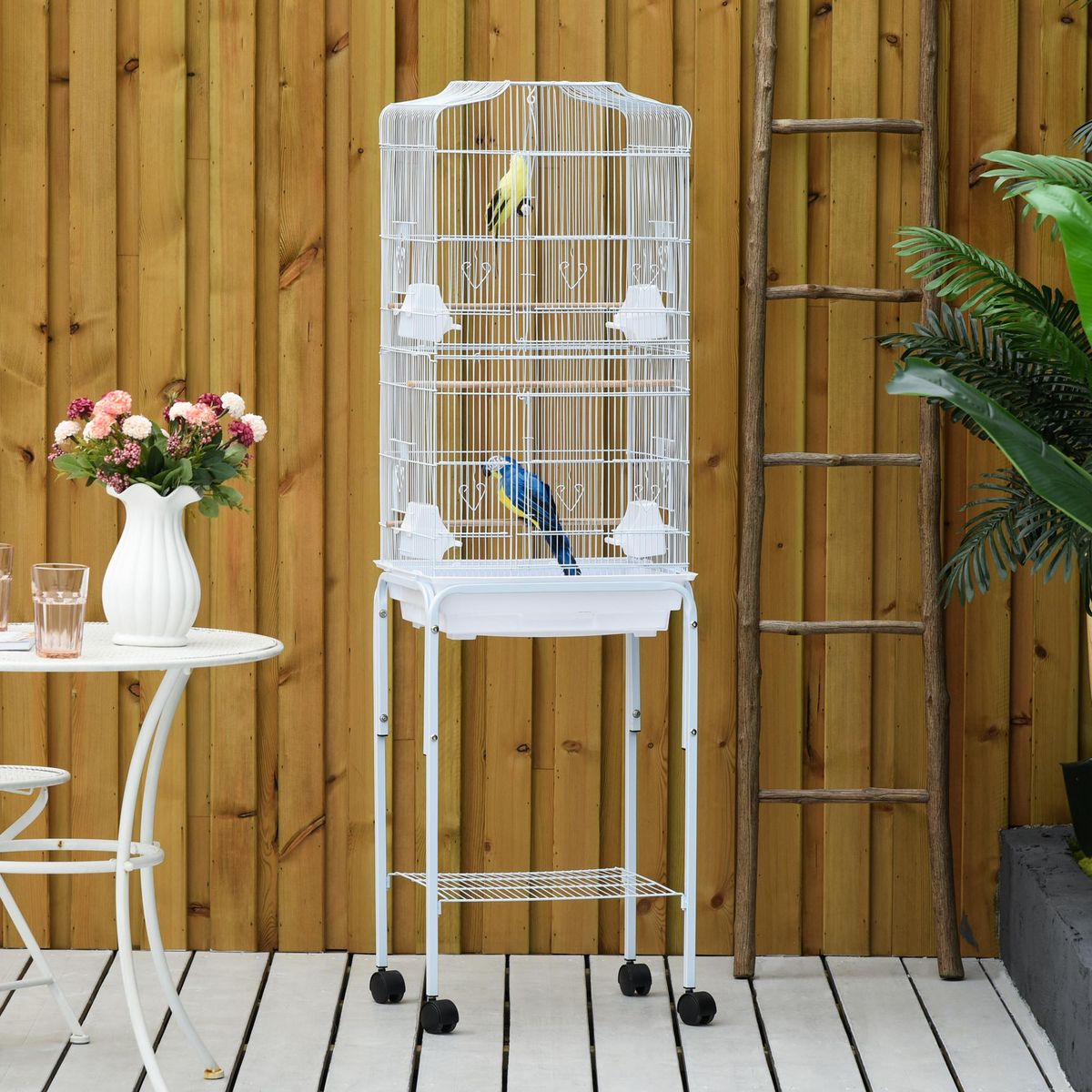 PAWHUT PawHut Cage à oiseaux sur pied volière oiseaux sur roulettes avec toit ouvrant 3 perchoirs étagère inférieure 46,5 x 36 x 157 cm