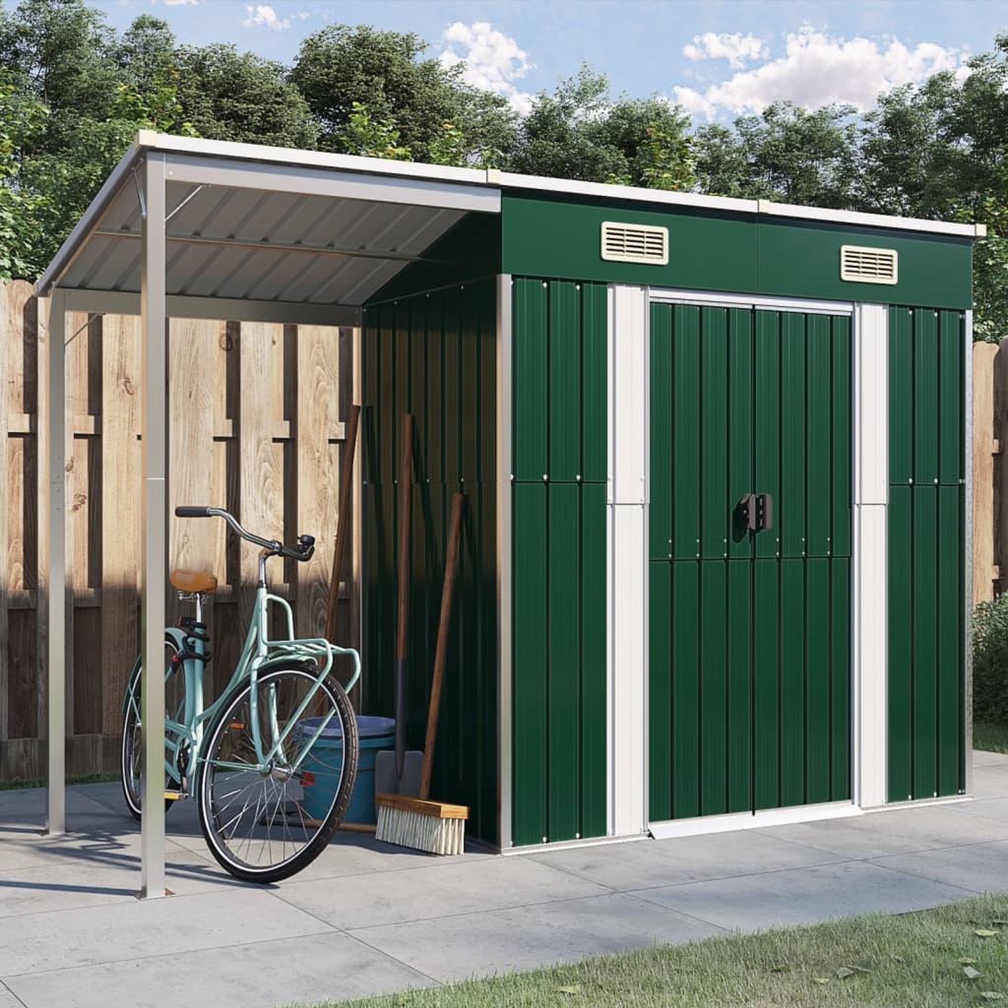 VIDAXL Abri de jardin avec toit prolonge vert 277x110,5x181 cm acier