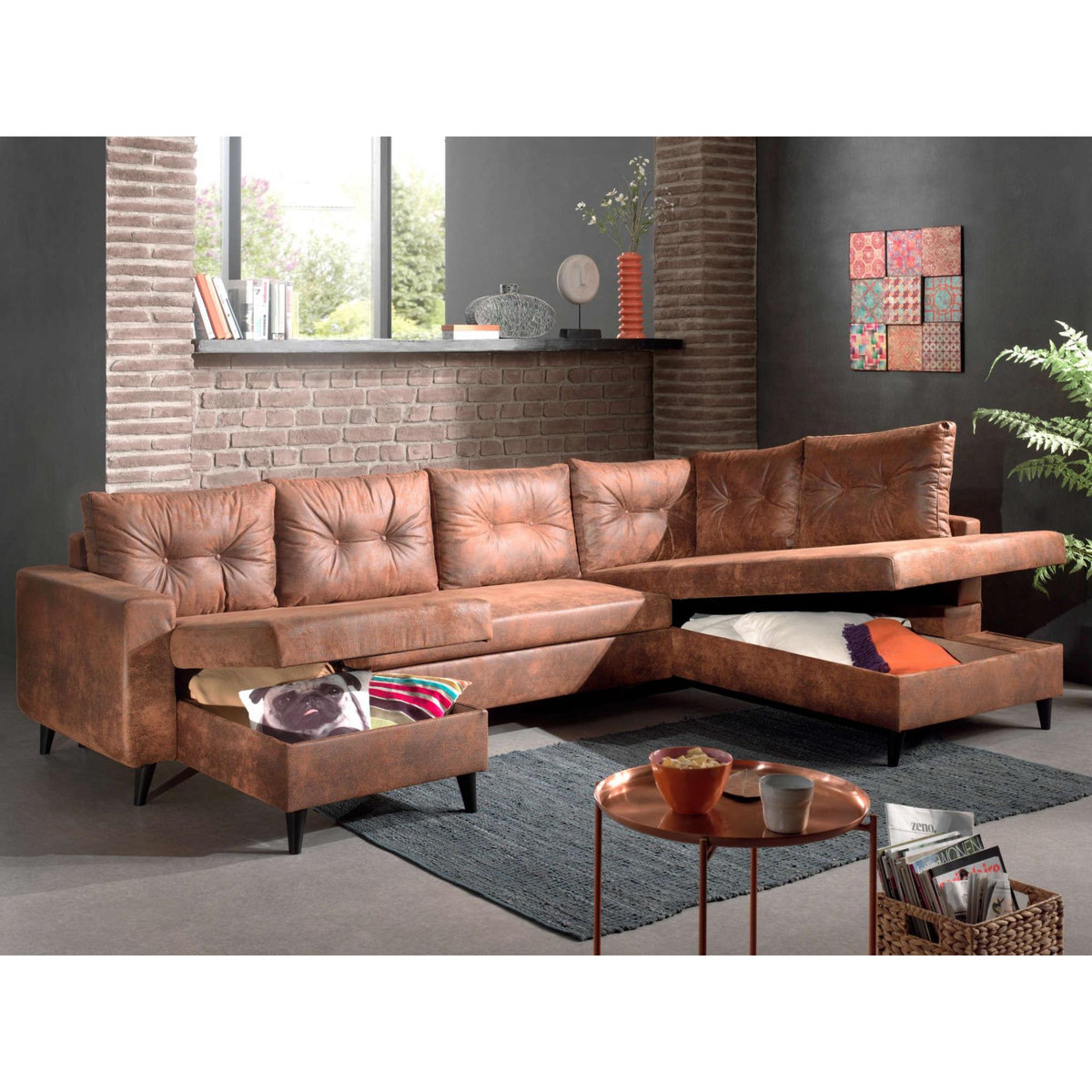 BEST MOBILIER Nordic - canapé panoramique en u - 7 places - convertible - industriel vintage - angle droit