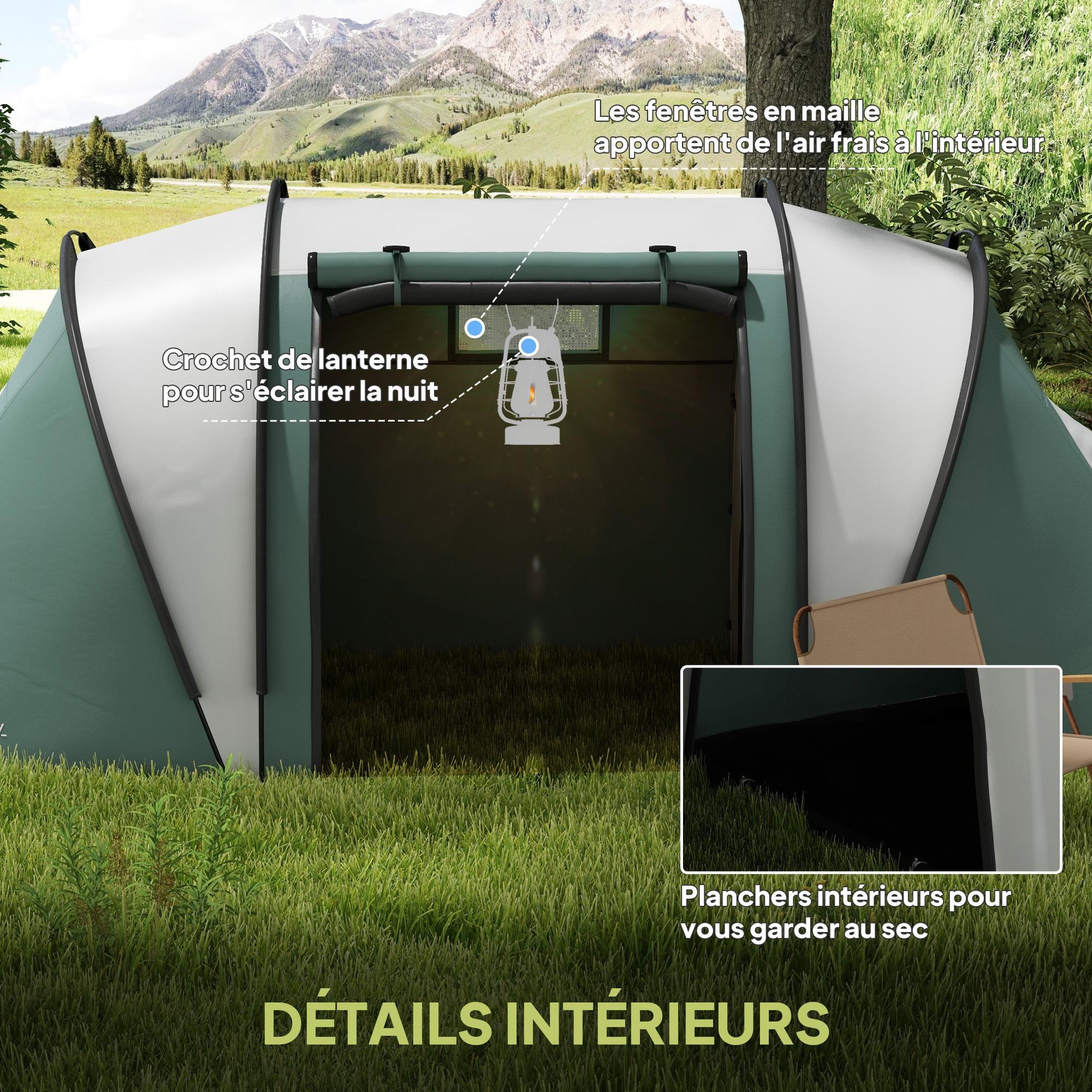 Voir la diapositive 6 : OUTSUNNY Tente de camping familiale 4-5 pers. 2 chambres 3 fenêtres sac vert