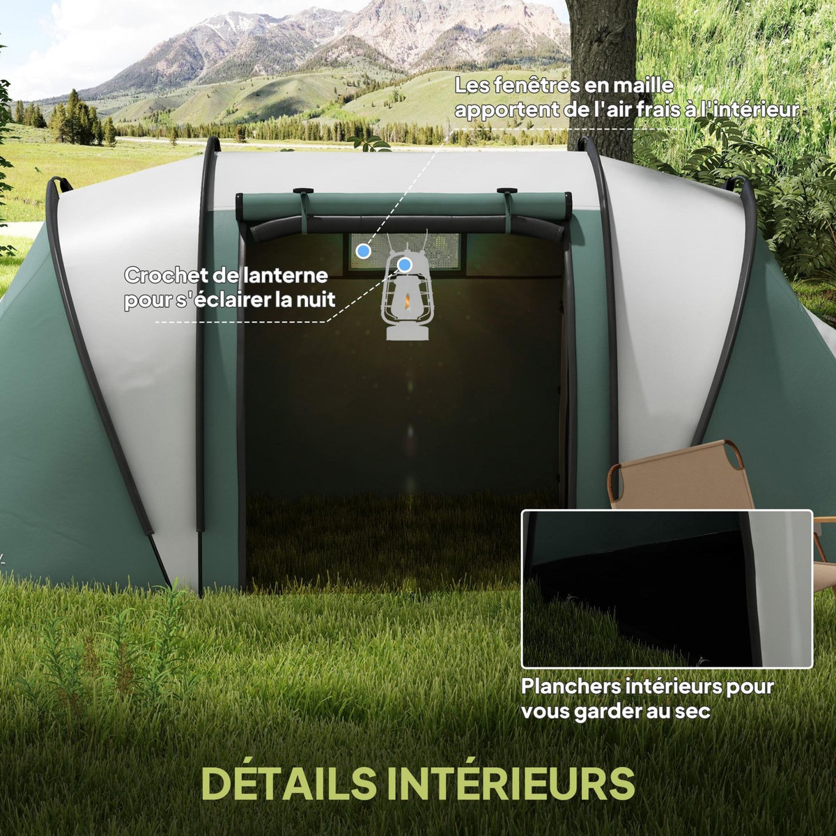 OUTSUNNY Tente de camping familiale 4-5 pers. 2 chambres 3 fenêtres sac vert