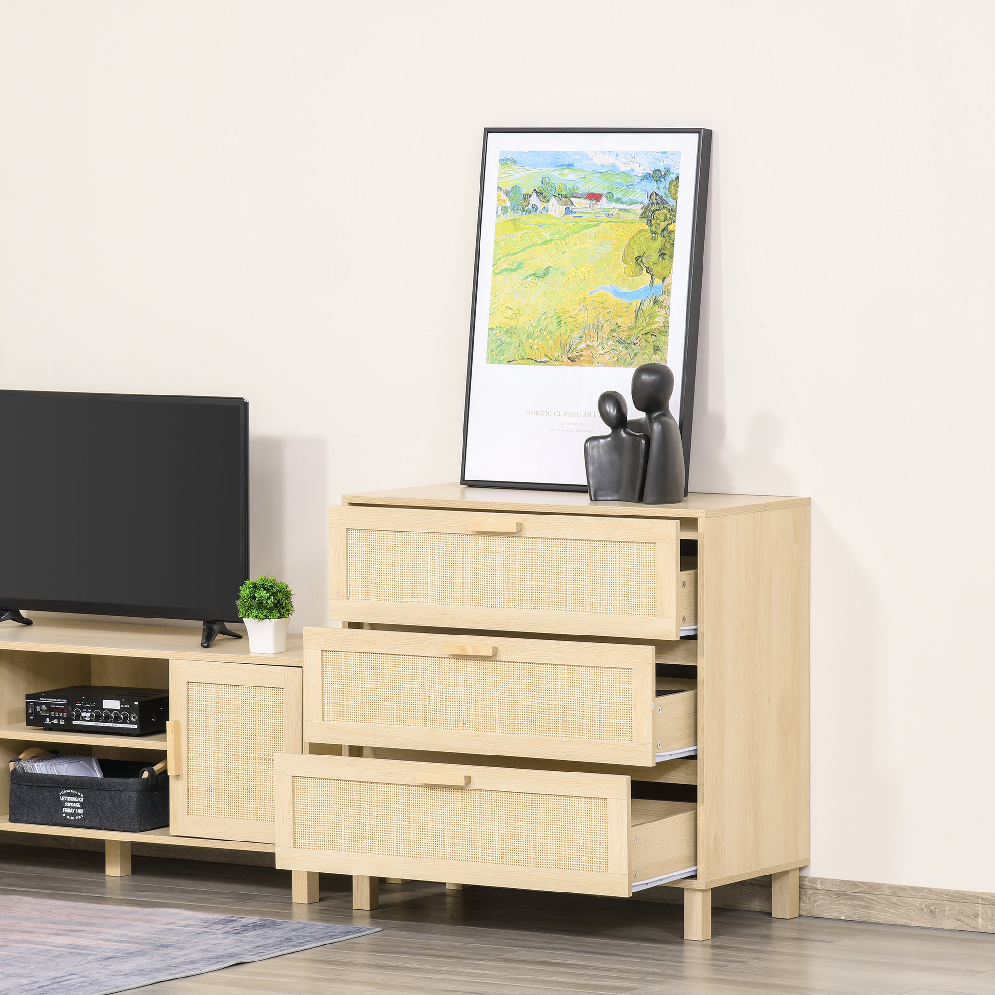 Voir la diapositive 4 : HOMCOM Commode 3 tiroirs cannage en rotin dim. 80L x 40l x 80H cm MDF aspect bois clair