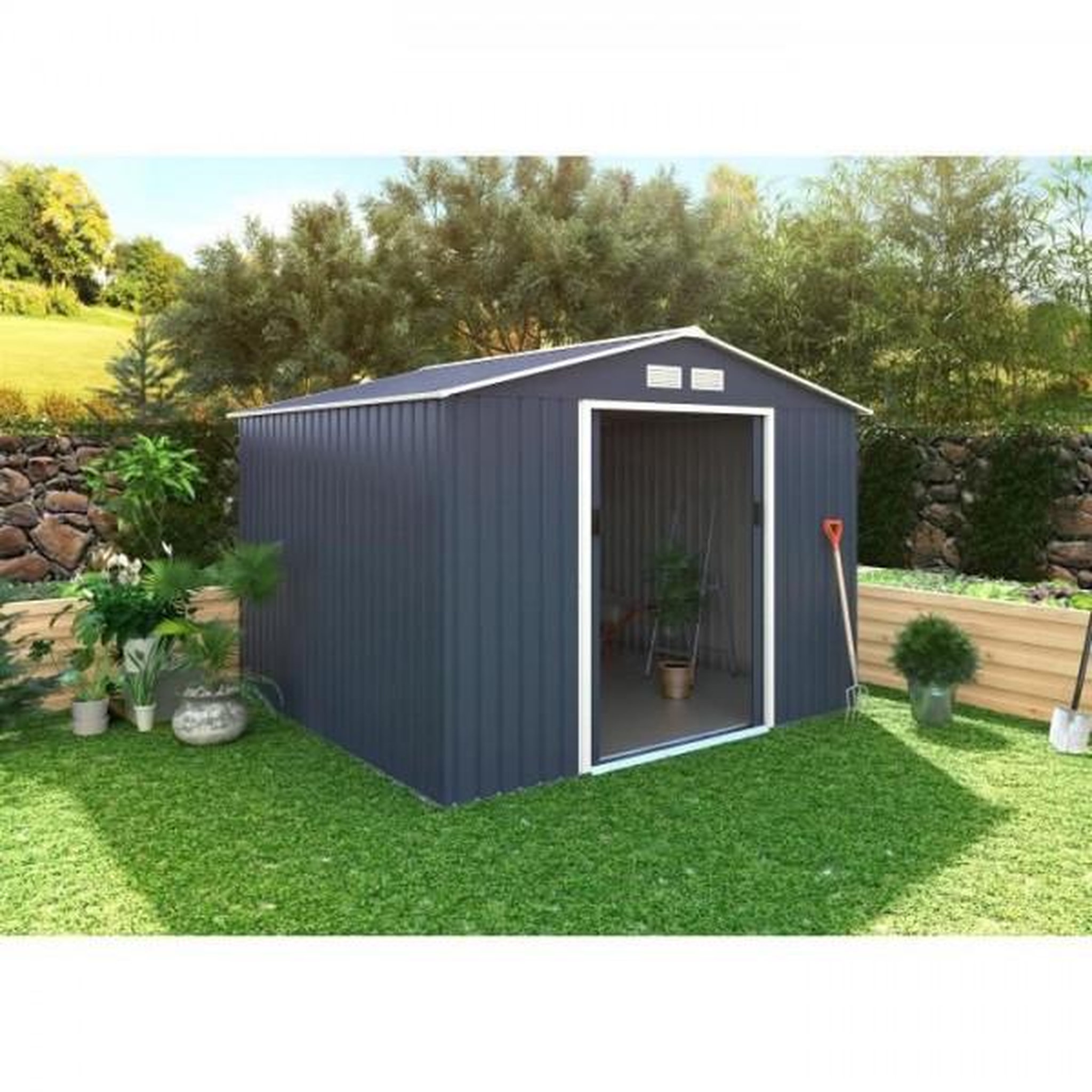 Voir la diapositive 2 : MARKET24 MERCURE Abri de jardin en métal 7,06 m² - 277 x 255 x 202 cm - Kit d'ancrage inclus, 2 portes coulissantes - Gris