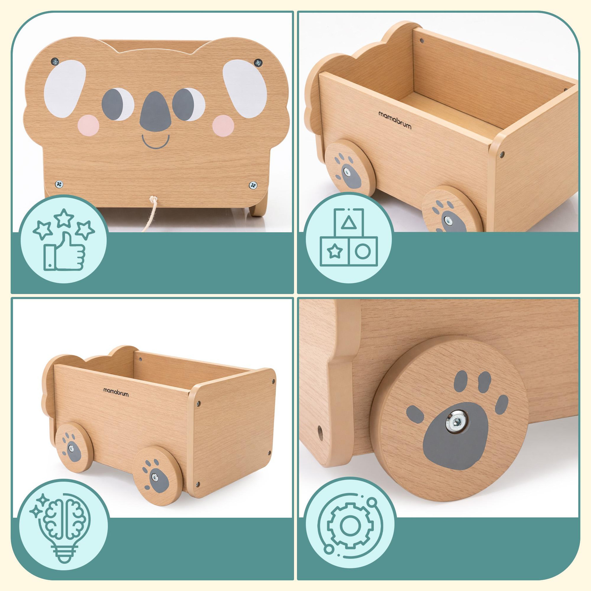 Voir la diapositive 4 : MAMABRUM Chariot Bois A Tirer Enfant Mamabrum Remorque Jouet Koala 30x26 cm 18 Mois+